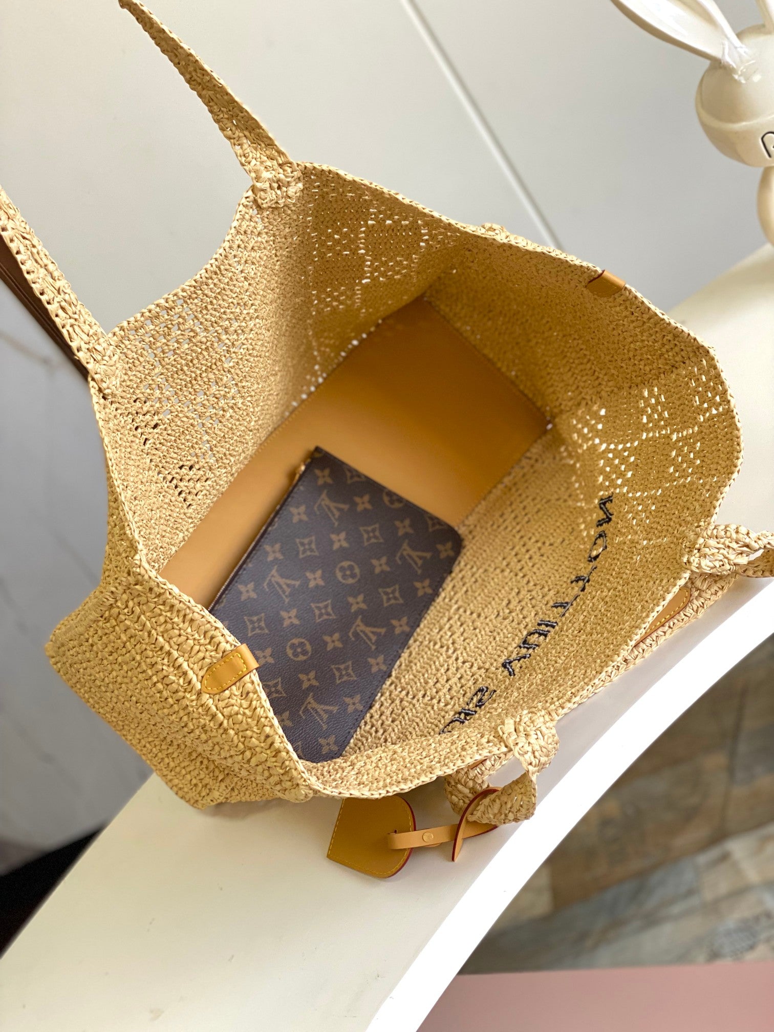 Louis Vuitton Beige Woven Straw Crochet Tote Bag Summer Beach Shoulder Bag