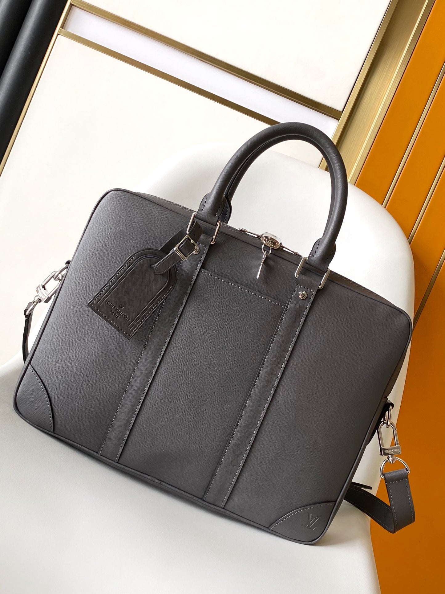 Premium Grey Leather Briefcase Slim Laptop Bag with Shoulder Strap