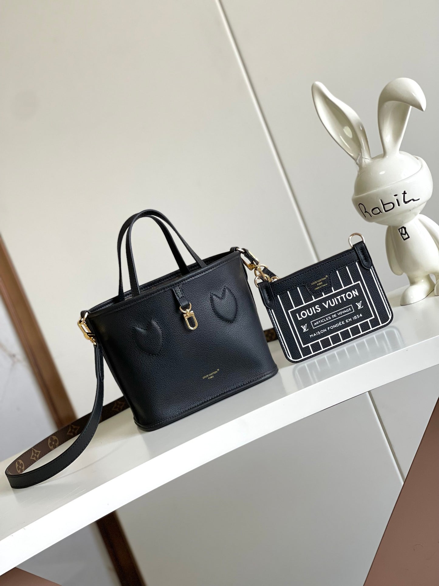 Louis Vuitton Black Leather Small Tote Handbag with Monogram Shoulder Strap