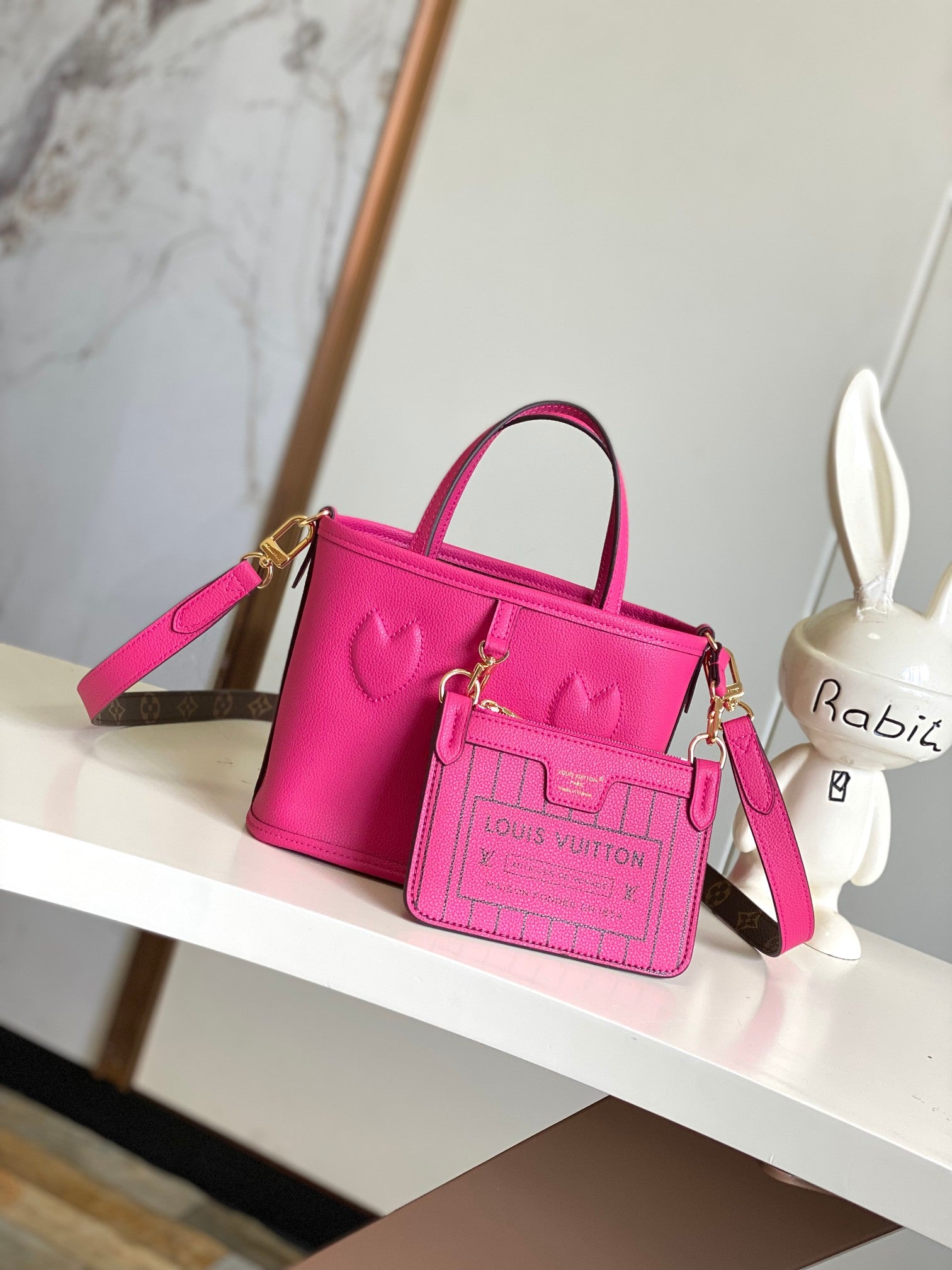 Louis Vuitton Fuchsia Pink Leather Tote Handbag with Embossed Detail and Gold Hardware