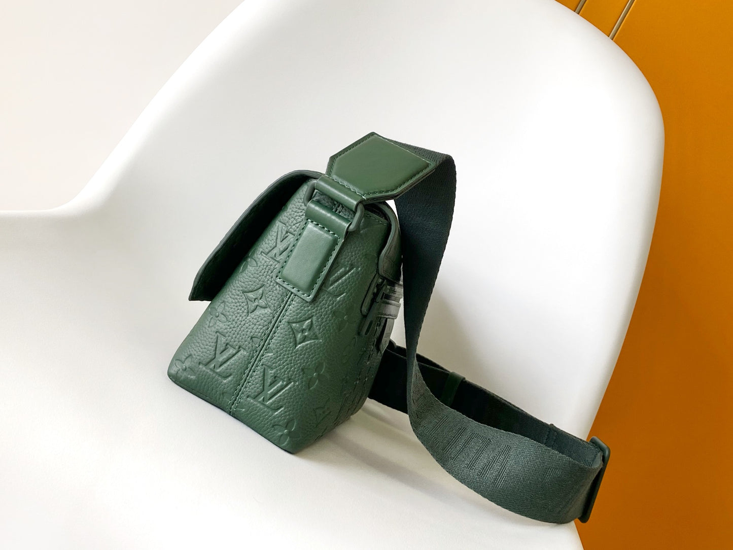Louis Vuitton Luxury Dark Green Embossed Leather Crossbody Messenger Bag