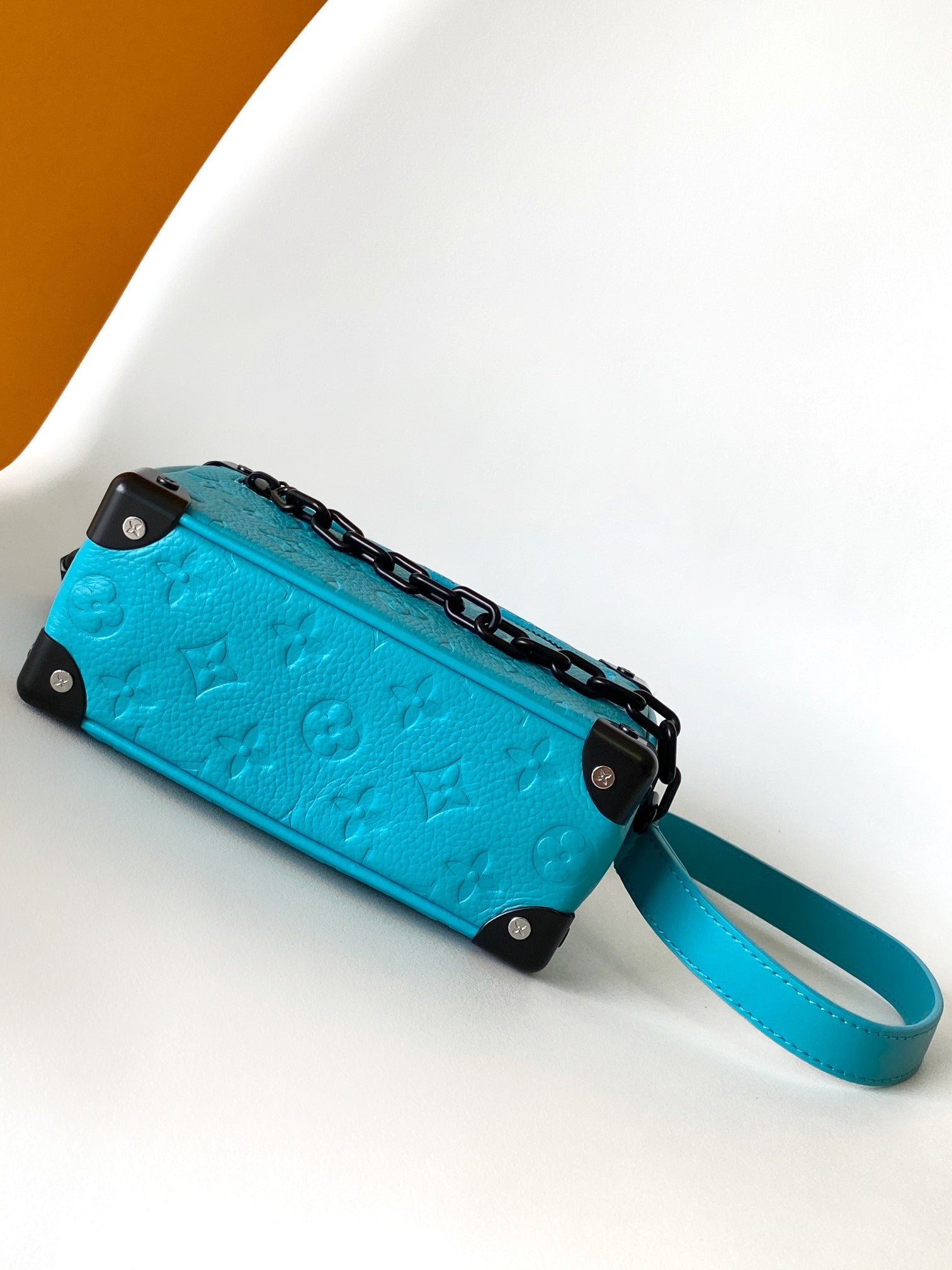 Louis Vuitton Turquoise Blue Embossed Trunk Shoulder Bag with Black Chain Accent