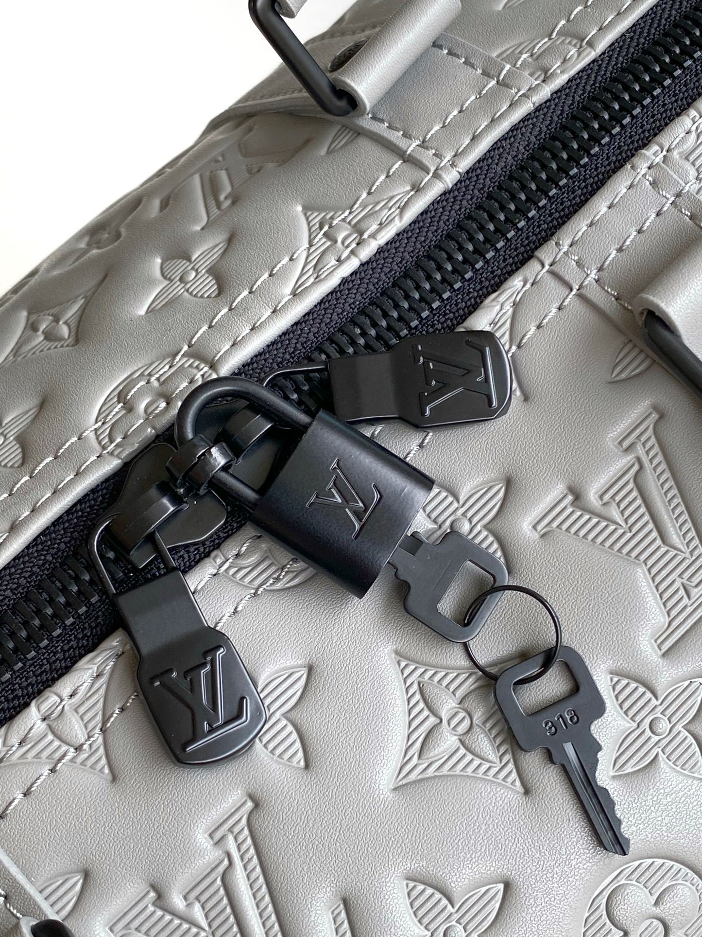 Louis Vuitton Luxury Grey Monogram Embossed Leather Weekender Duffle Bag
