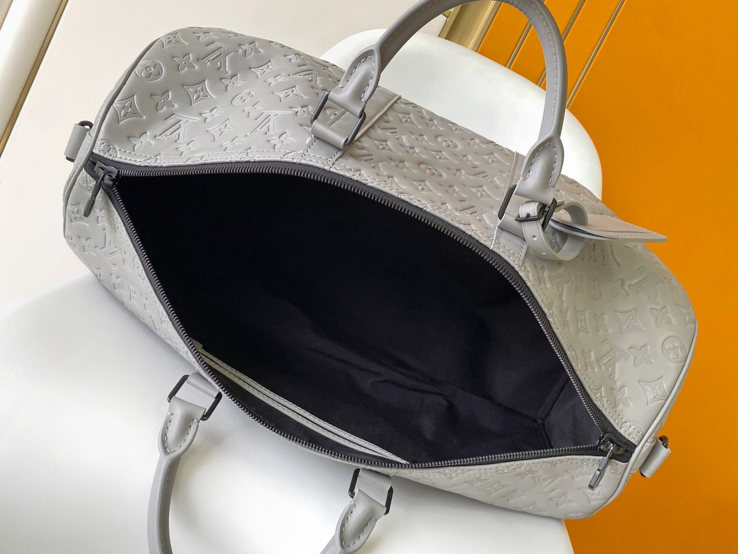 Louis Vuitton Luxury Grey Monogram Embossed Leather Weekender Duffle Bag