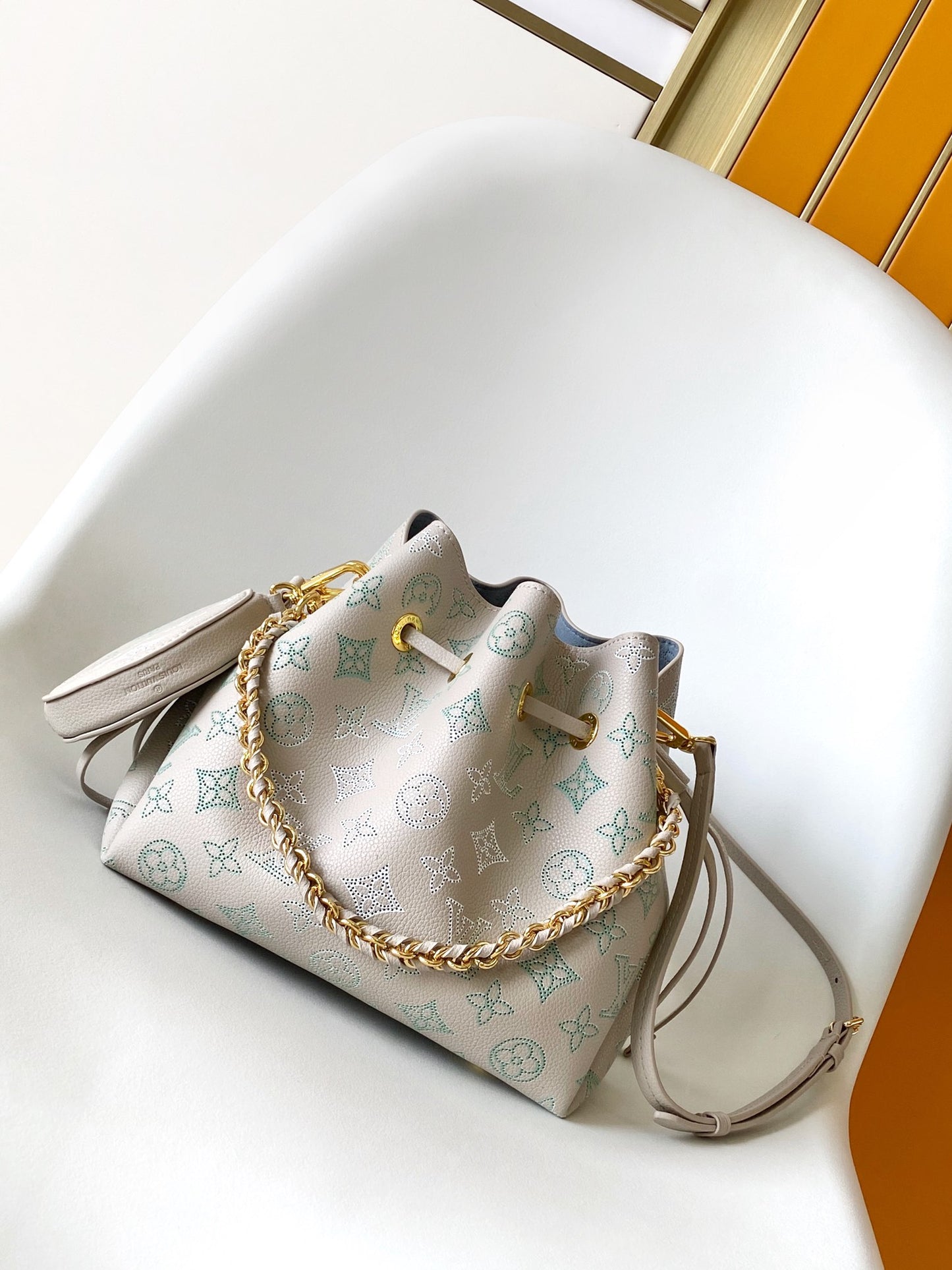 Louis Vuitton Pastel Pink Monogram Bucket Bag with Gold Chain and Coin Purse