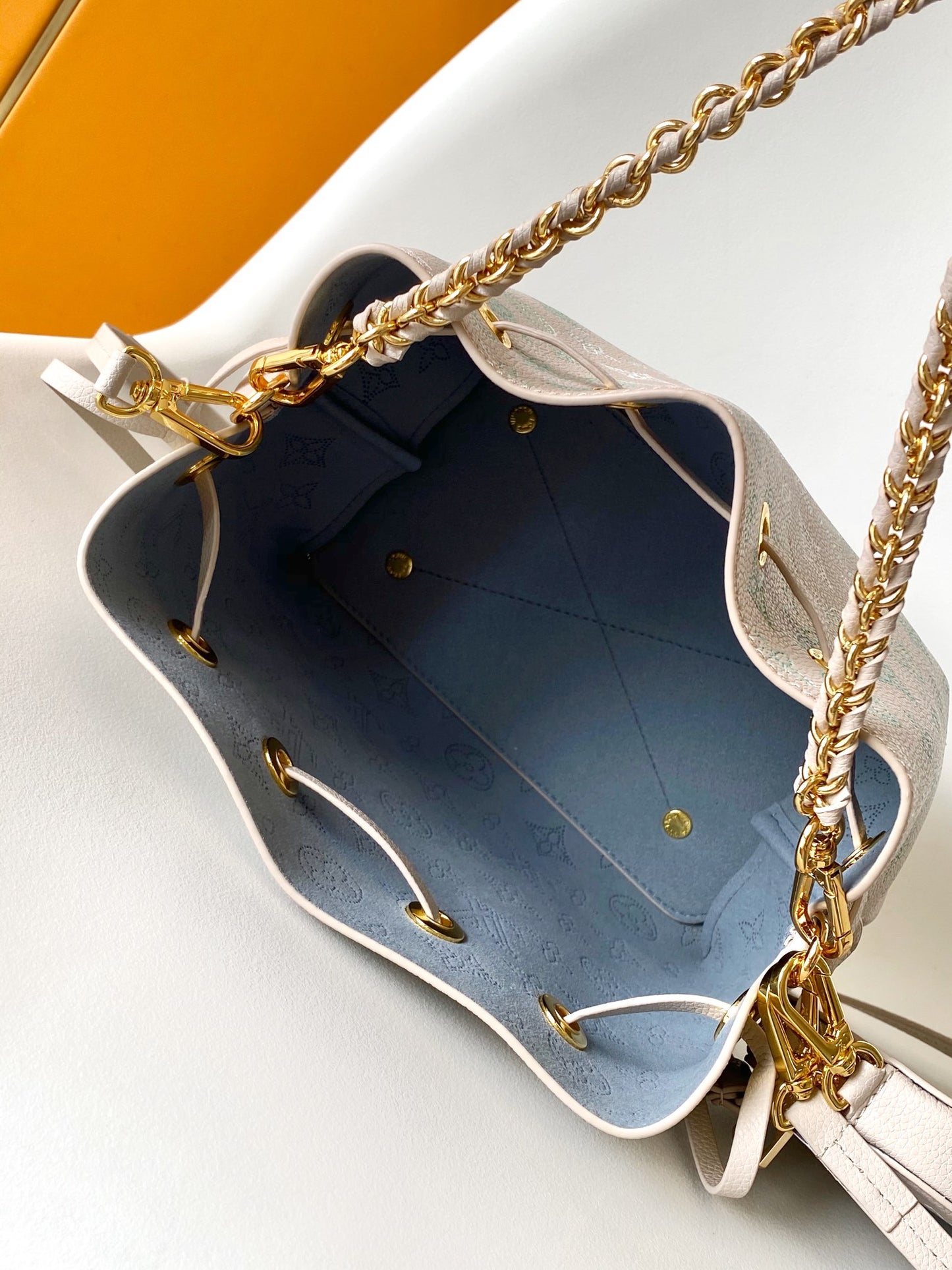 Louis Vuitton Pastel Pink Monogram Bucket Bag with Gold Chain and Coin Purse