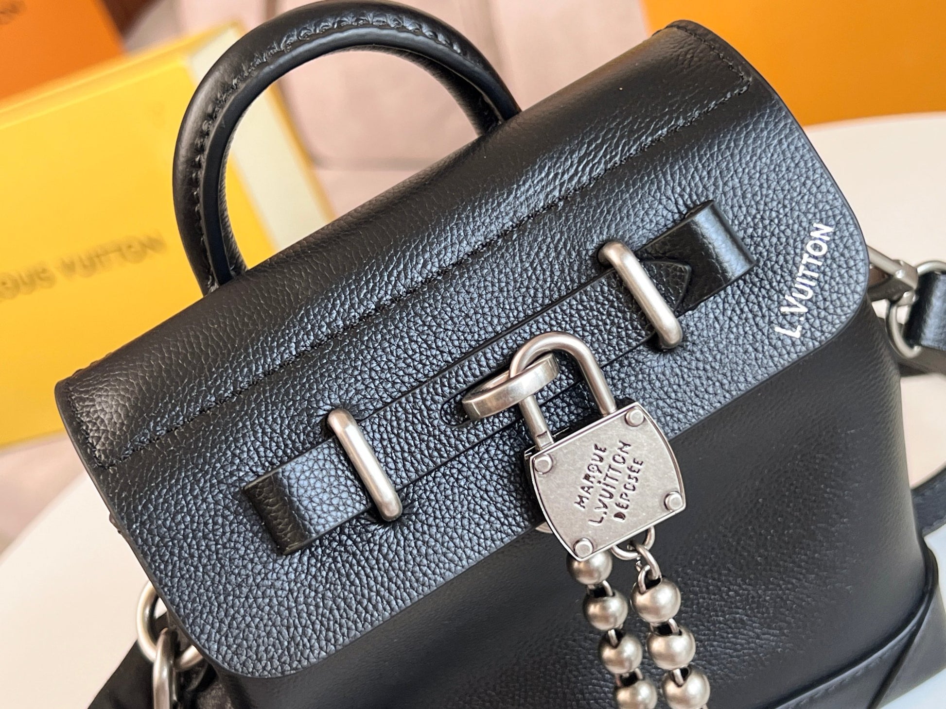 Louis Vuitton Black Leather Mini Backpack Purse with Silver Lock and Pearl Charm