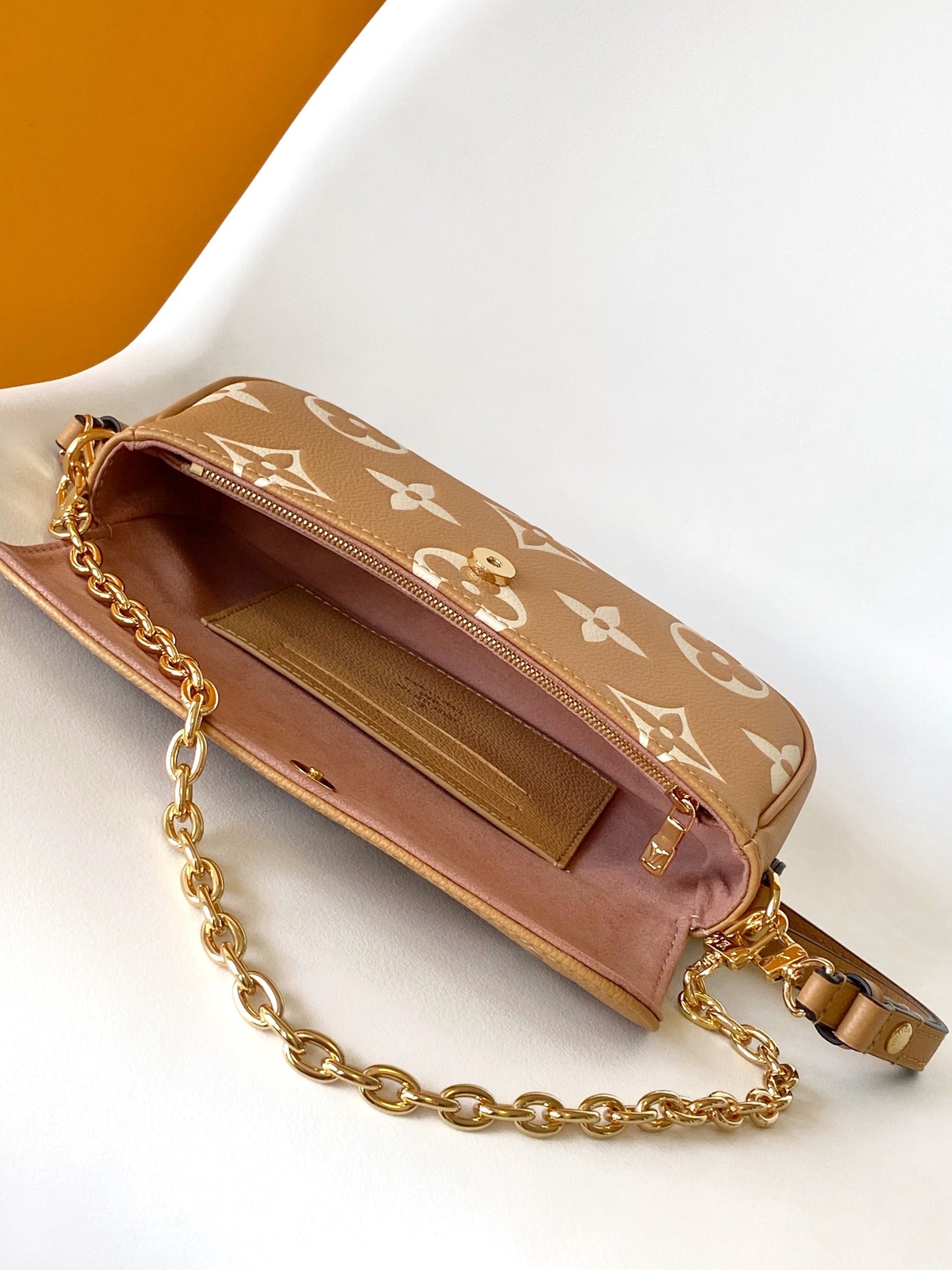 Louis Vuitton Elegant Beige Monogram Leather Crossbody Bag with Gold Chain