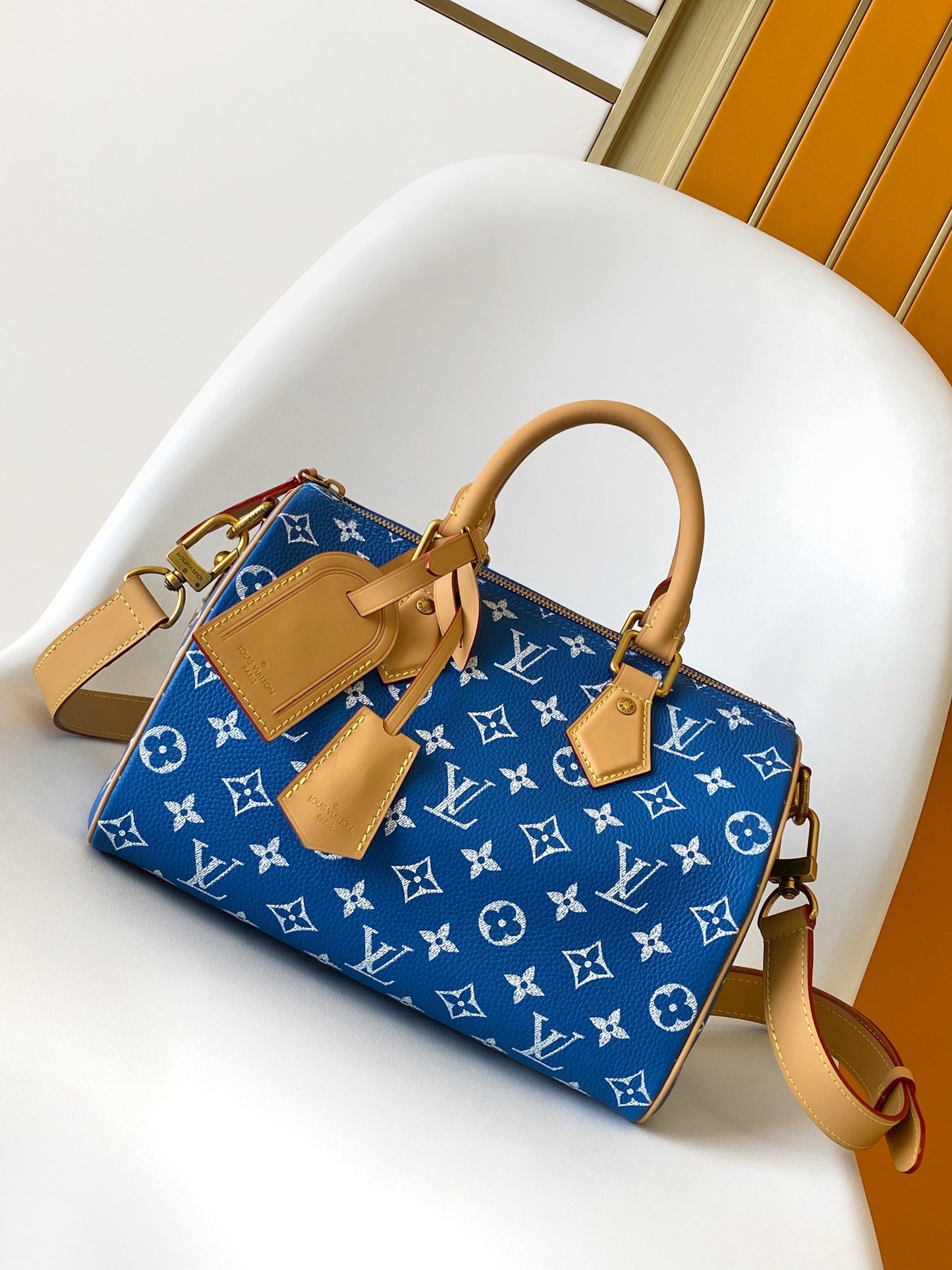 Louis Vuitton Blue and White Monogram Print Satchel Handbag with Tan Leather Trim