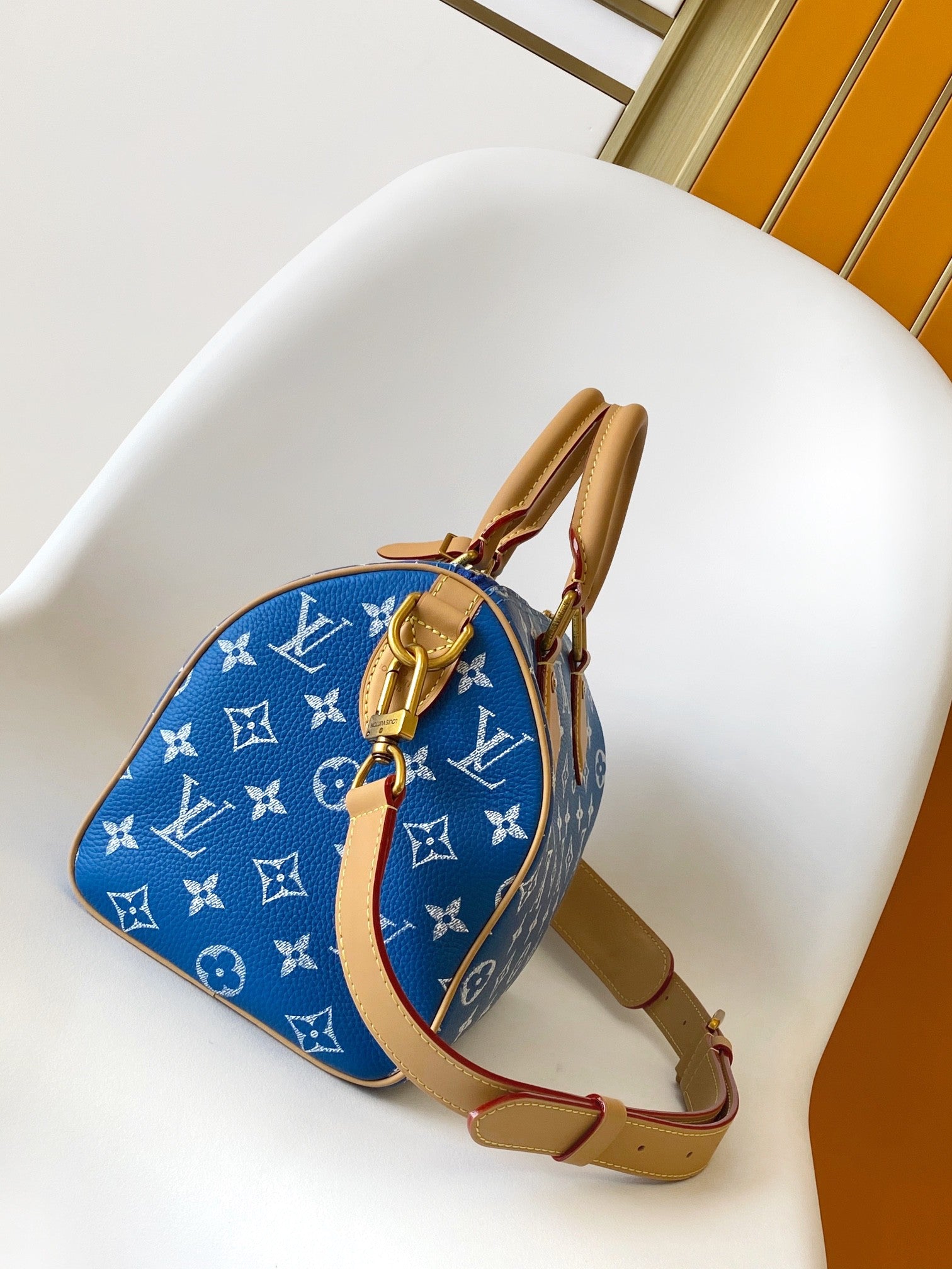 Louis Vuitton Blue and White Monogram Print Satchel Handbag with Tan Leather Trim