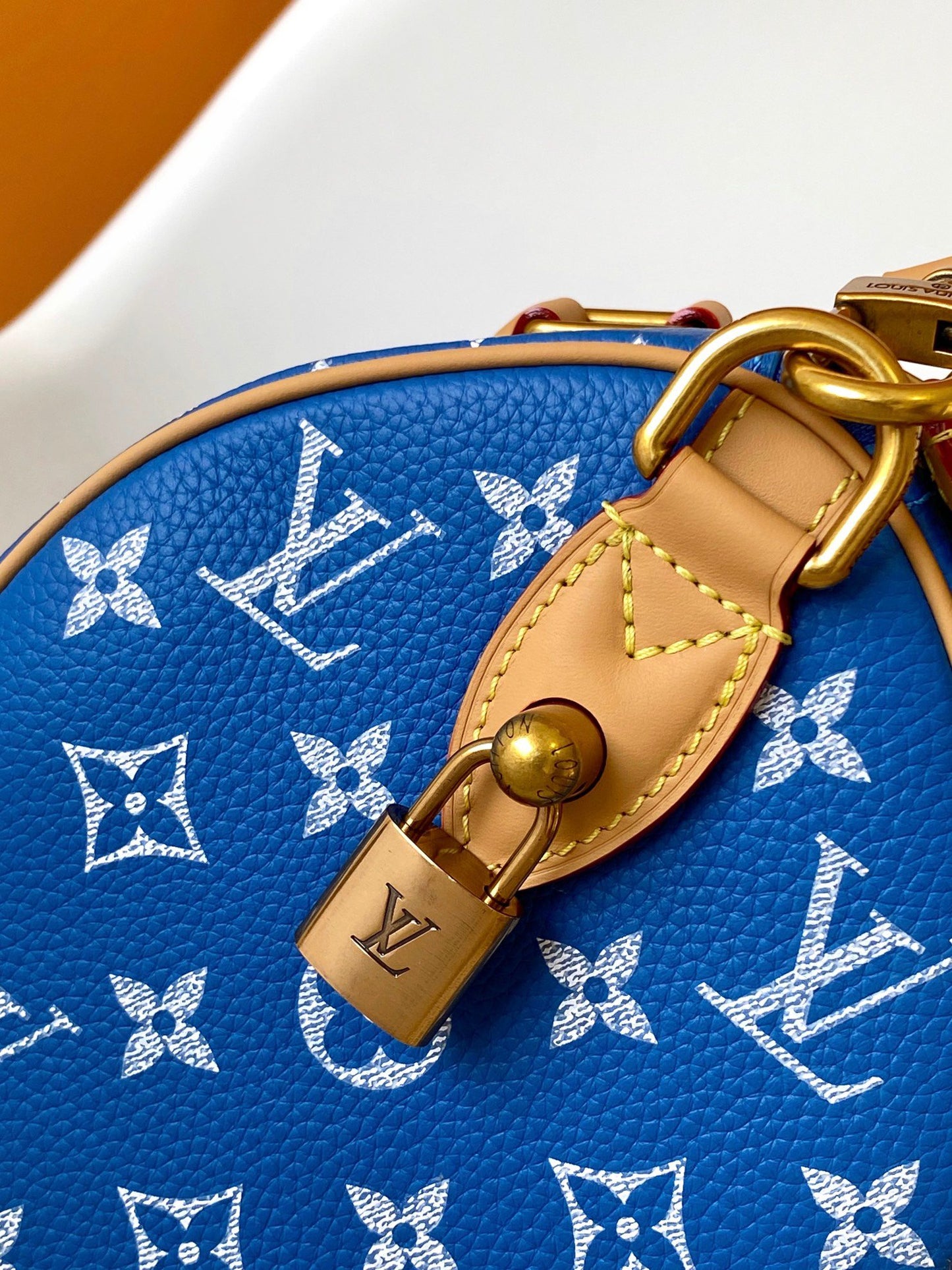 Louis Vuitton Blue and White Monogram Print Satchel Handbag with Tan Leather Trim