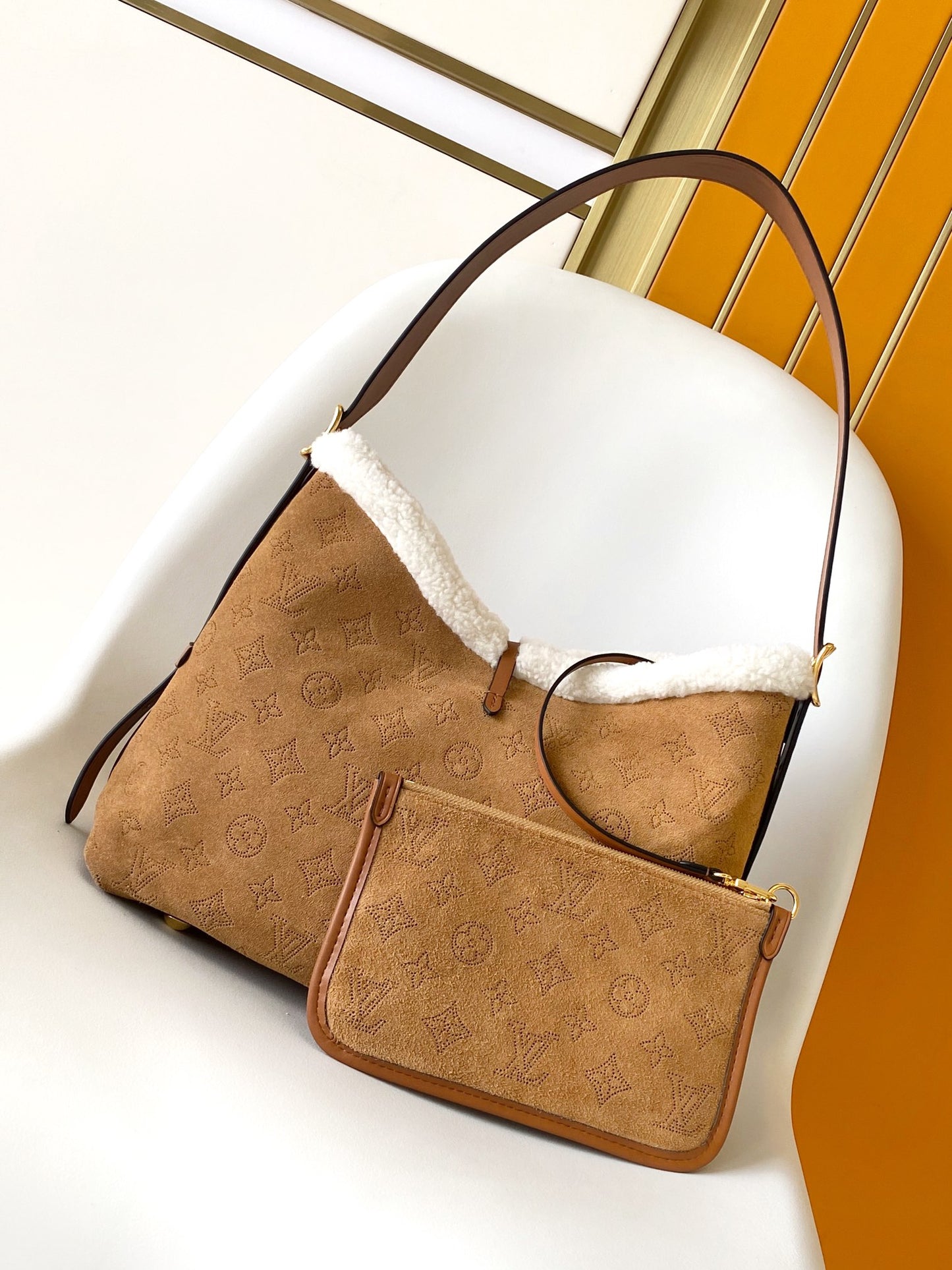 Louis Vuitton Monogram Suede Shoulder Bag with Sherpa Trim and Leather Bow