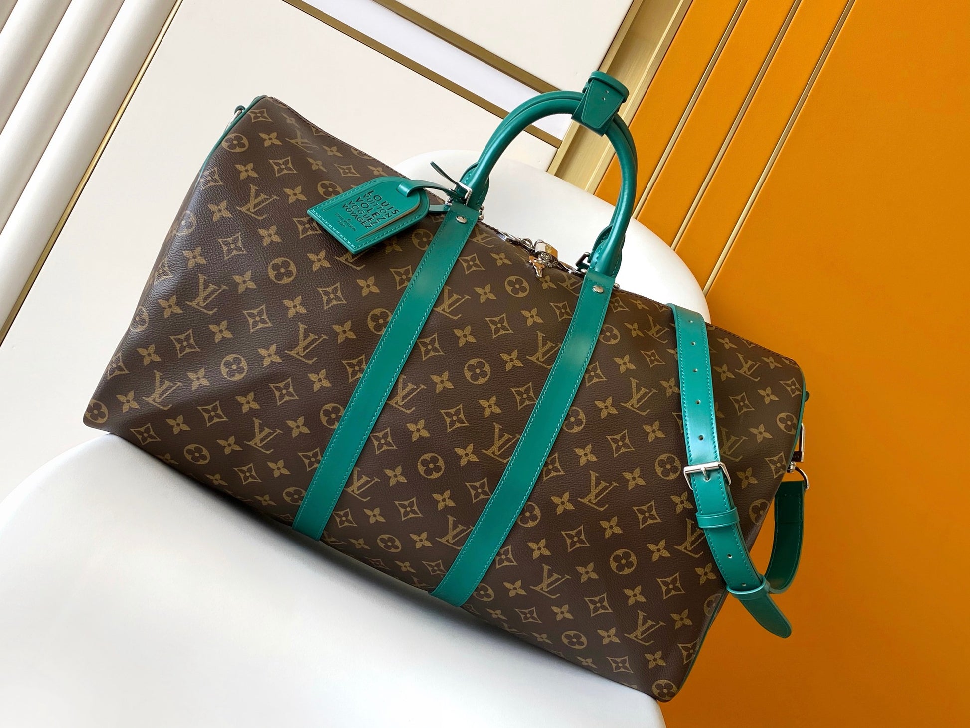 Louis Vuitton Brown Monogram Travel Duffle Bag with Green Leather Accents
