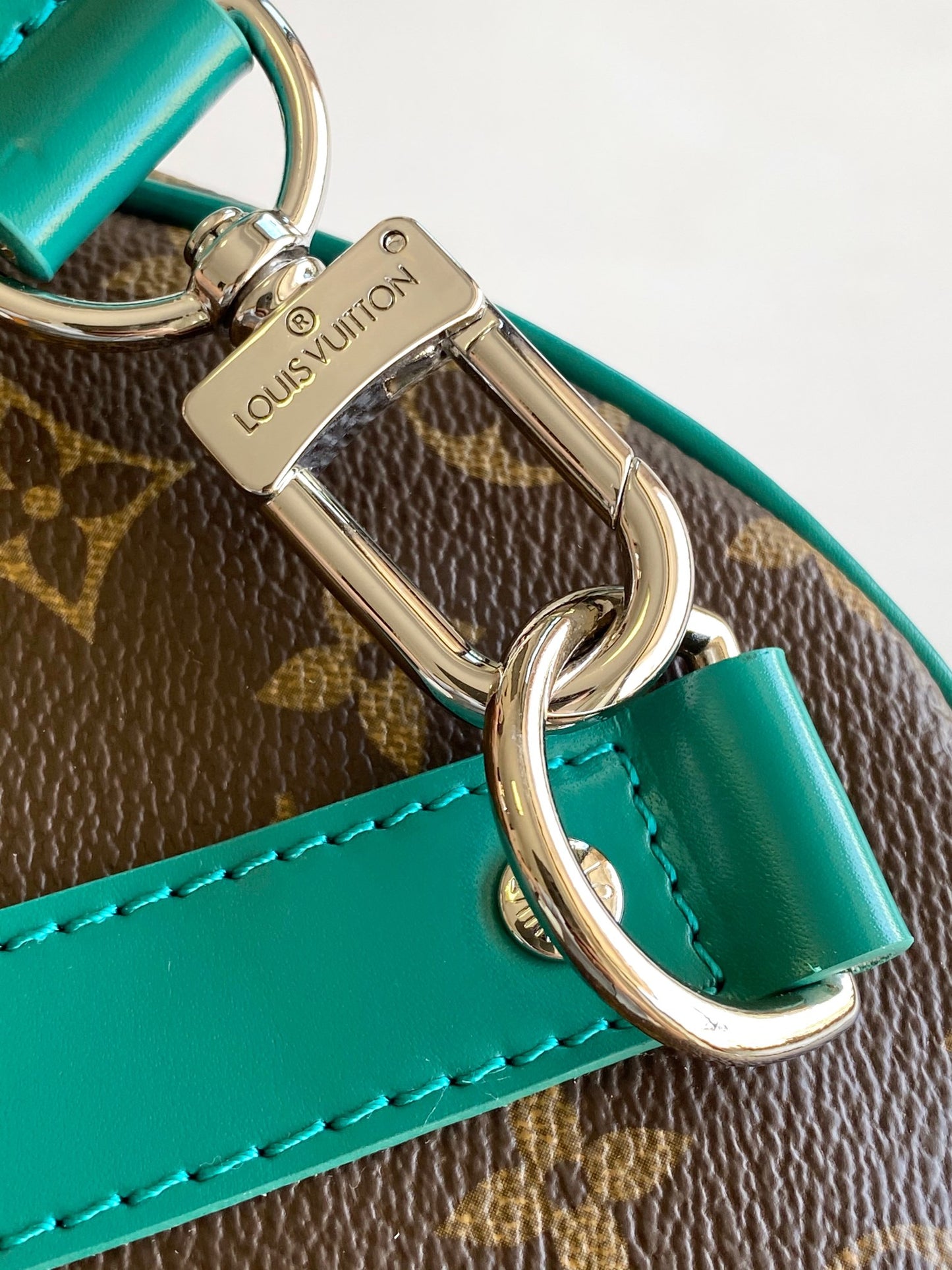 Louis Vuitton Brown Monogram Travel Duffle Bag with Green Leather Accents