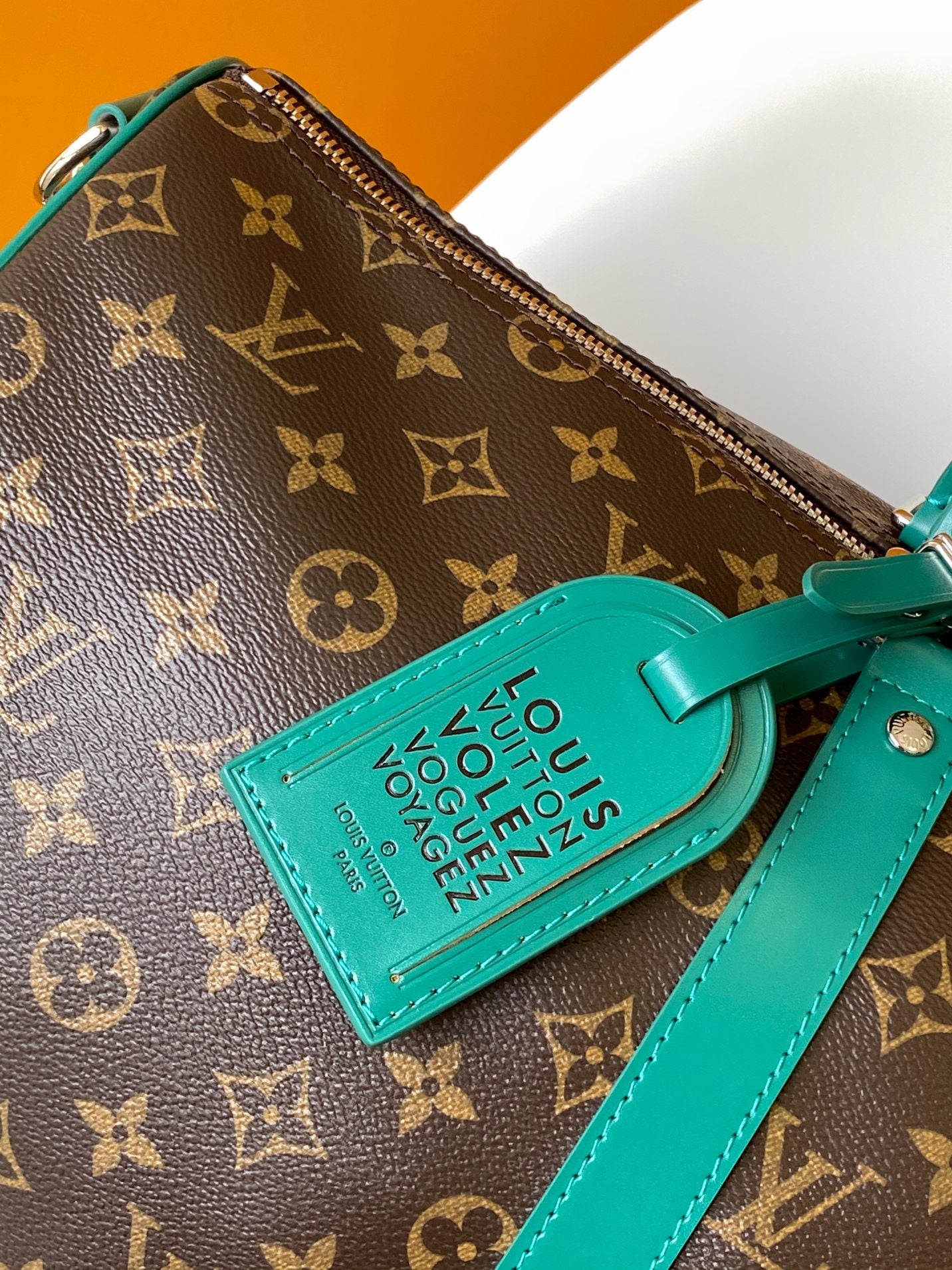 Louis Vuitton Brown Monogram Travel Duffle Bag with Green Leather Accents