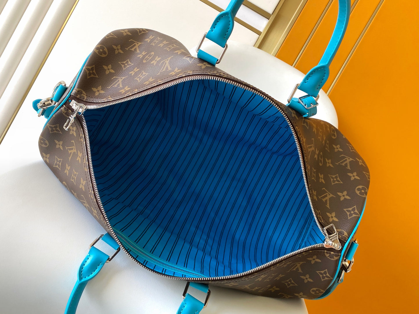Louis Vuitton Vintage Monogram Canvas Travel Duffle Bag with Blue Leather Trim