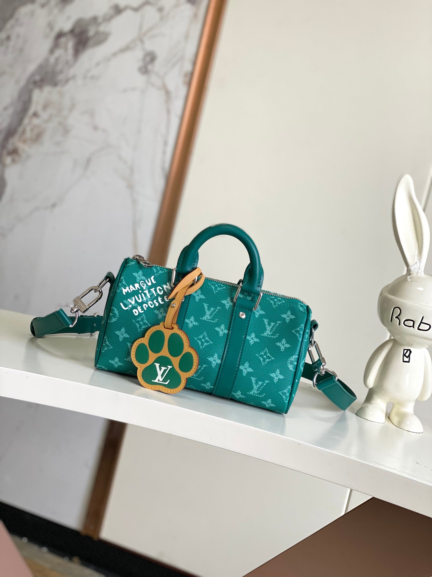 Louis Vuitton Luxury Green Monogram Mini Duffle Bag with Paw Print Charm