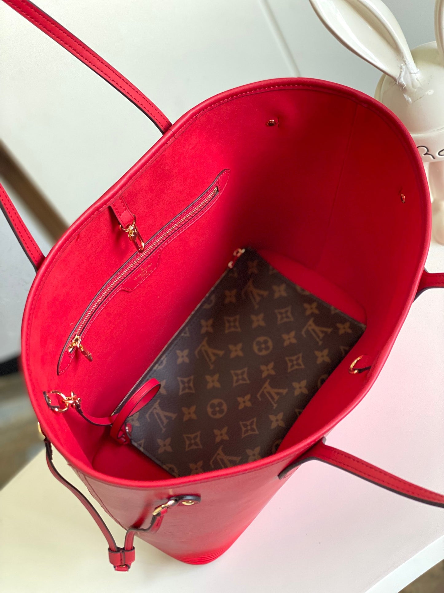 Louis Vuitton Classic Red Textured Leather Tote Bag with Shoulder Straps