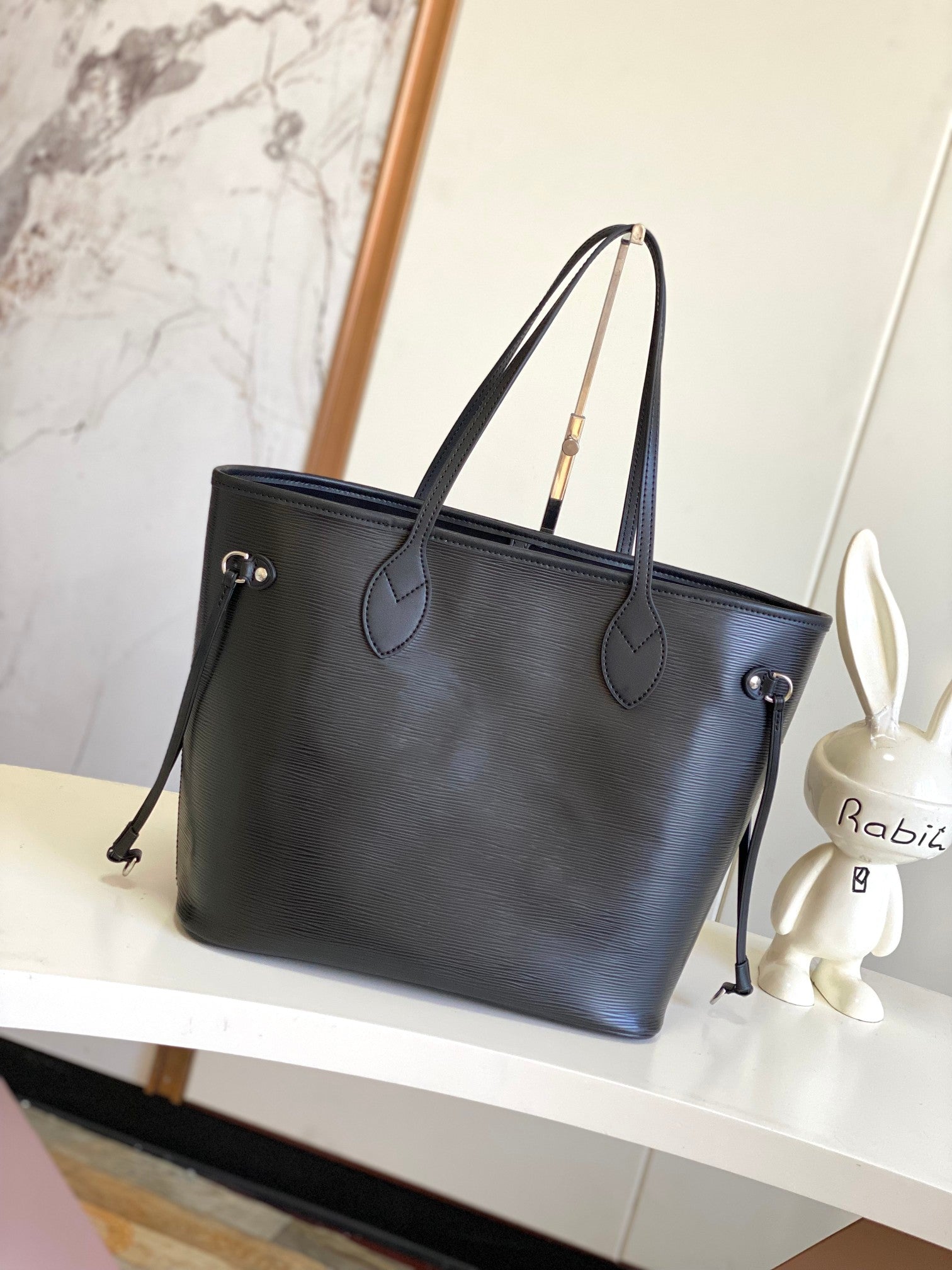 Louis Vuitton Classic Black Faux Leather Shoulder Tote Bag with Side Drawstrings