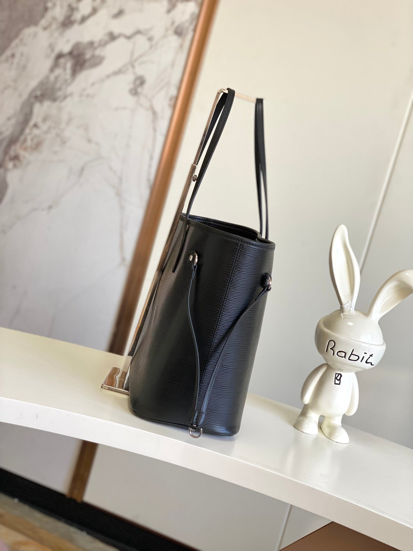 Louis Vuitton Classic Black Faux Leather Shoulder Tote Bag with Side Drawstrings
