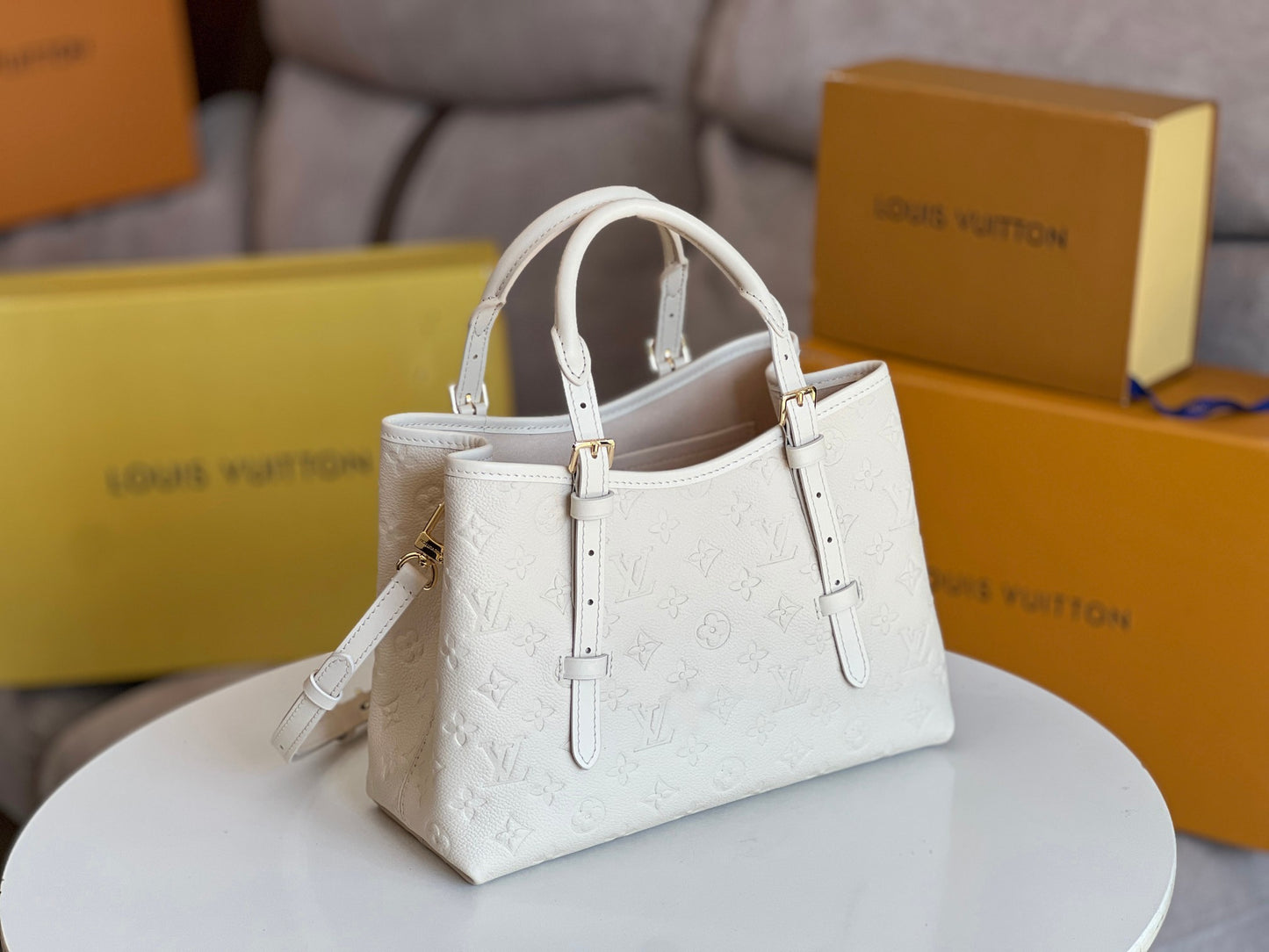 Louis Vuitton Elegant Cream Beige Embossed Leather Tote Bag with Top Handles