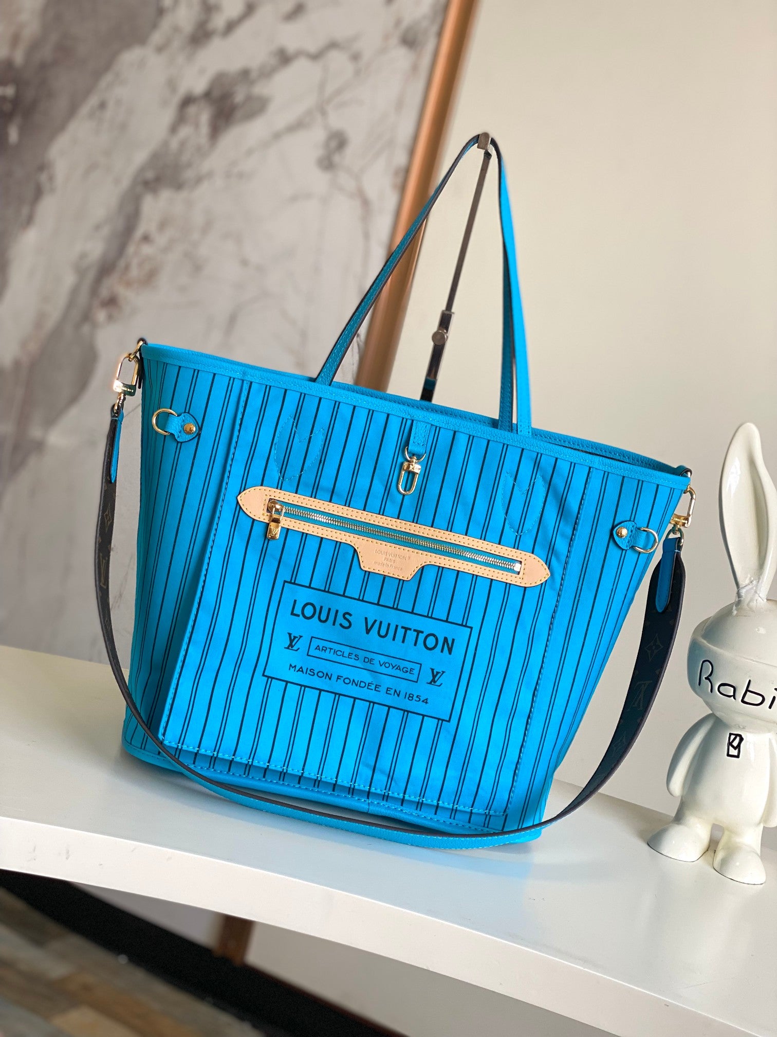 Louis Vuitton Blue Striped Canvas Tote Bag with Detachable Shoulder Strap