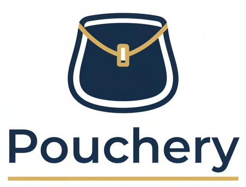 A minimalist logo for Pouchery, featuring a navy blue handbag icon with a gold clasp and strap detail, above the brand name 'Pouchery' in navy blue text with a gold underline, all on a solid white background.