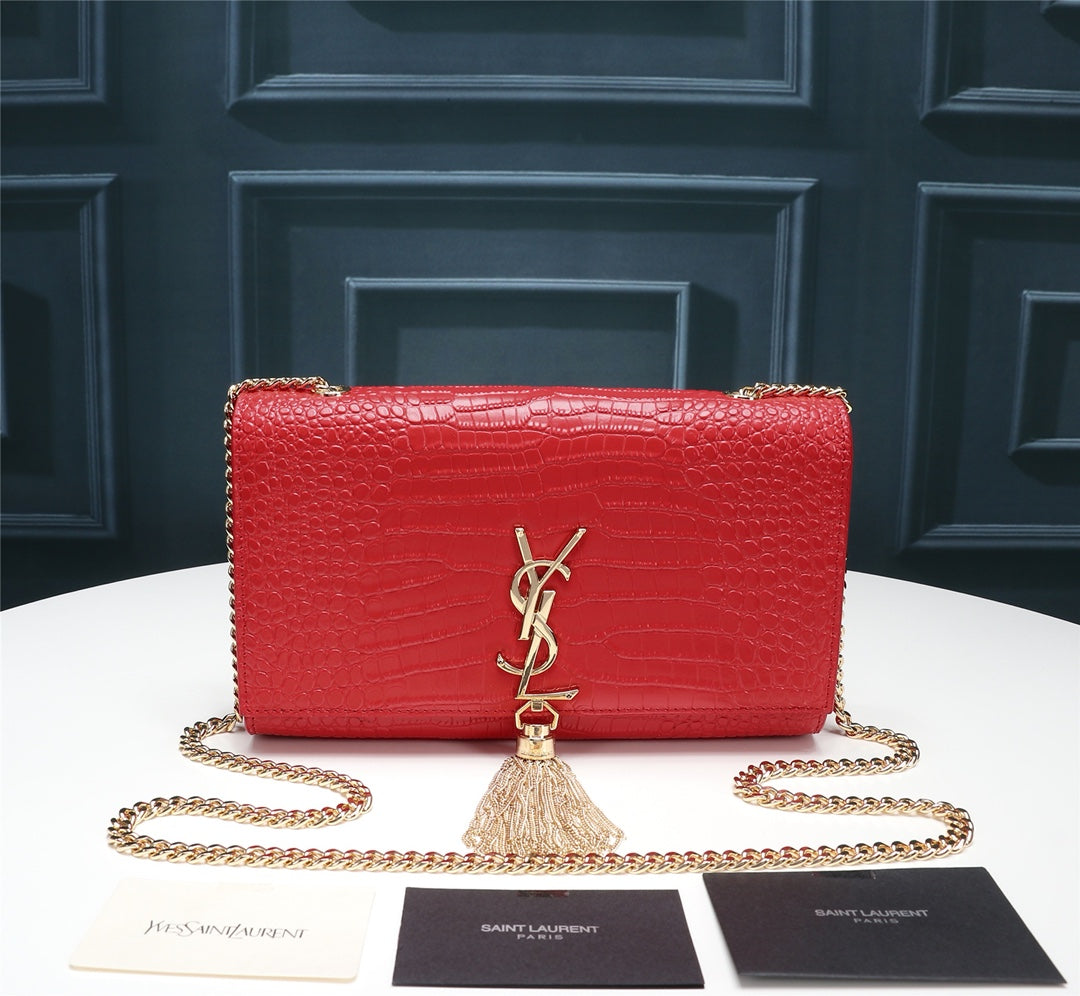 Saint Laurent Kate Tassel Crocodile-Embossed Leather Chain Shoulder Bag - Red