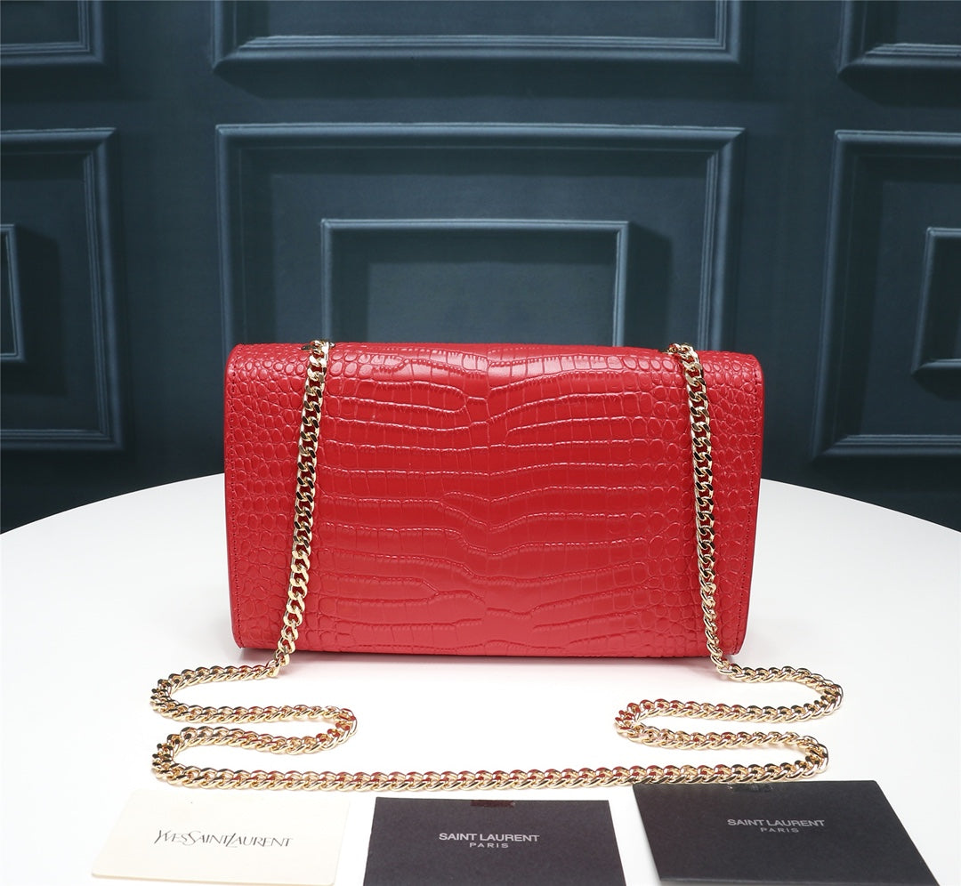 Saint Laurent Kate Tassel Crocodile-Embossed Leather Chain Shoulder Bag - Red