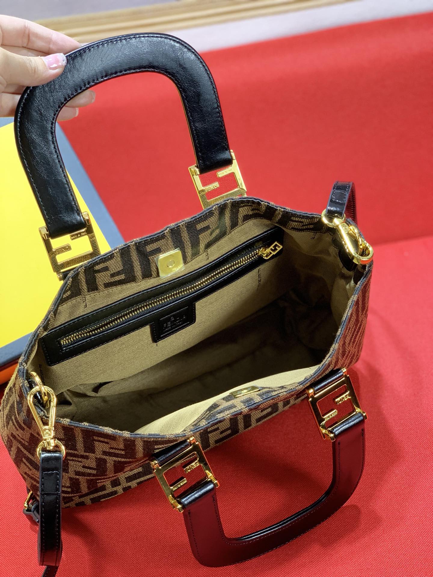 Fendi Monogram Zucca Canvas Small Sunshine Shopper Bag with Gold-Tone Hardware