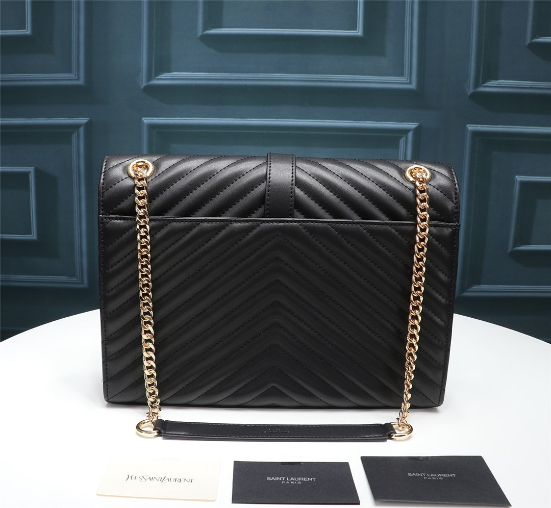 Saint Laurent Large Monogram Envelope Bag in Quilted Grain de Poudre Leather - Black with Gold Hardware