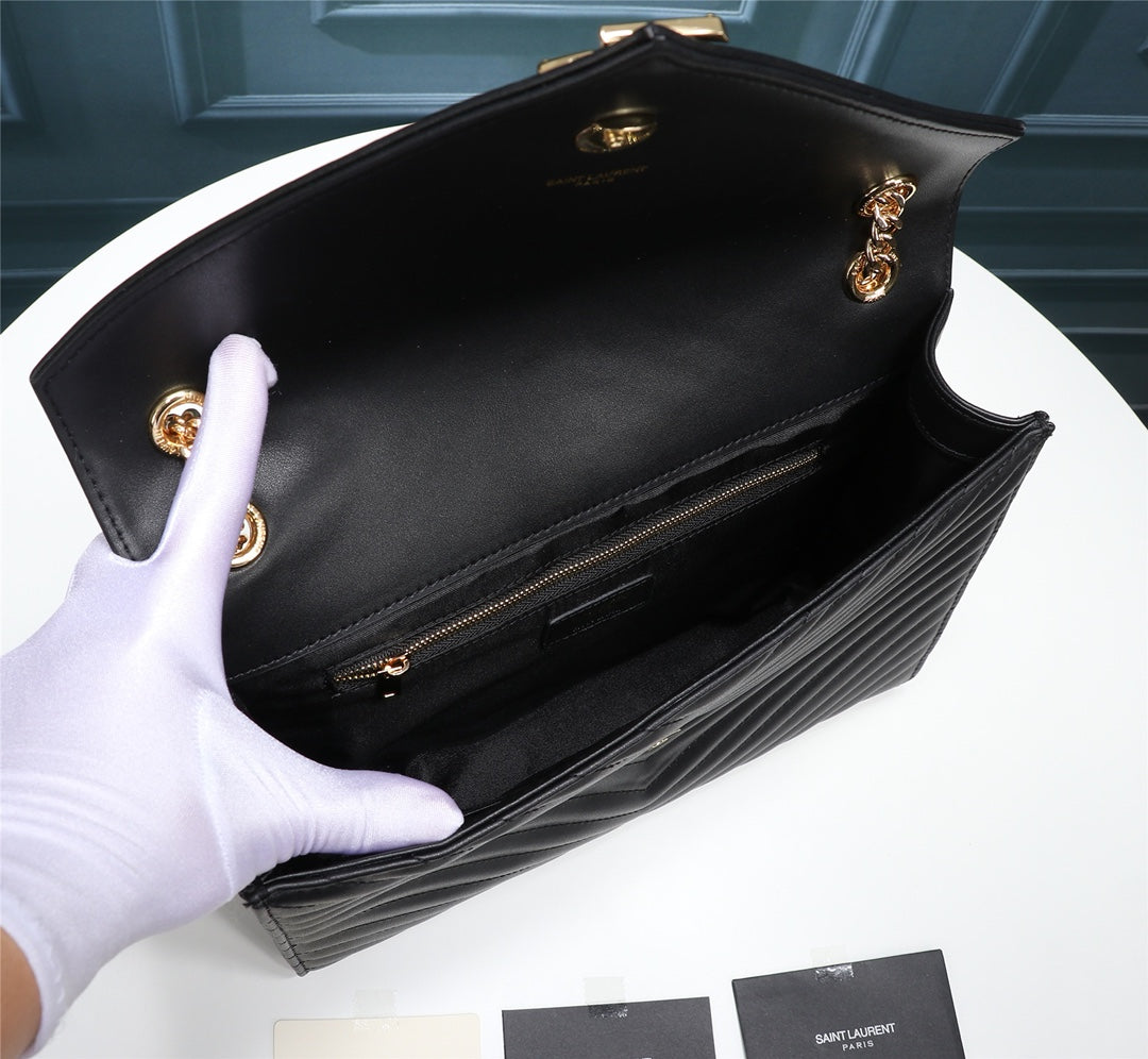 Saint Laurent Large Monogram Envelope Bag in Quilted Grain de Poudre Leather - Black with Gold Hardware