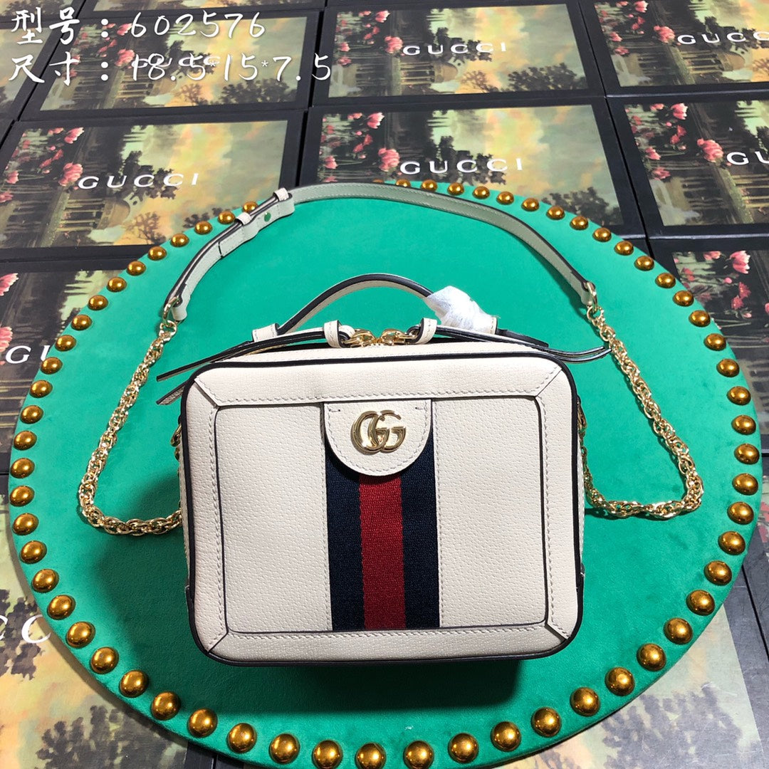 Gucci Classic White Leather Crossbody Bag with Red Blue Stripe and Gold Chain