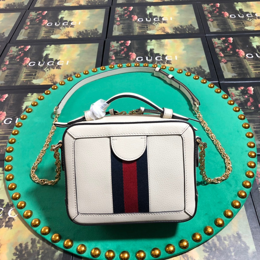 Gucci Classic White Leather Crossbody Bag with Red Blue Stripe and Gold Chain