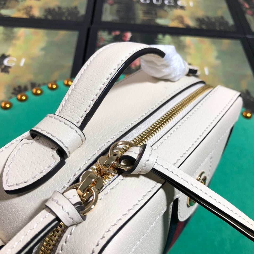 Gucci Classic White Leather Crossbody Bag with Red Blue Stripe and Gold Chain