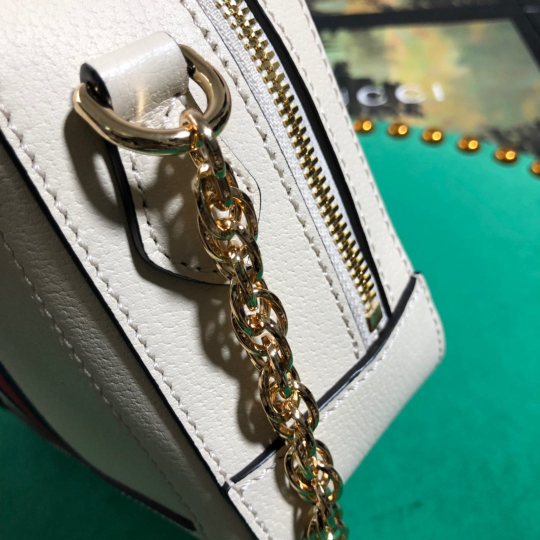 Gucci Classic White Leather Crossbody Bag with Red Blue Stripe and Gold Chain
