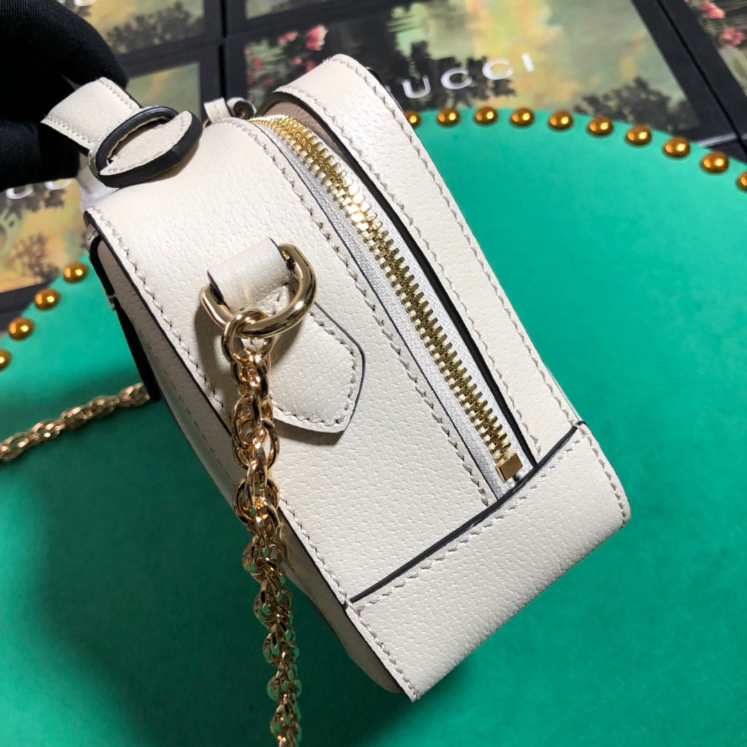 Gucci Classic White Leather Crossbody Bag with Red Blue Stripe and Gold Chain