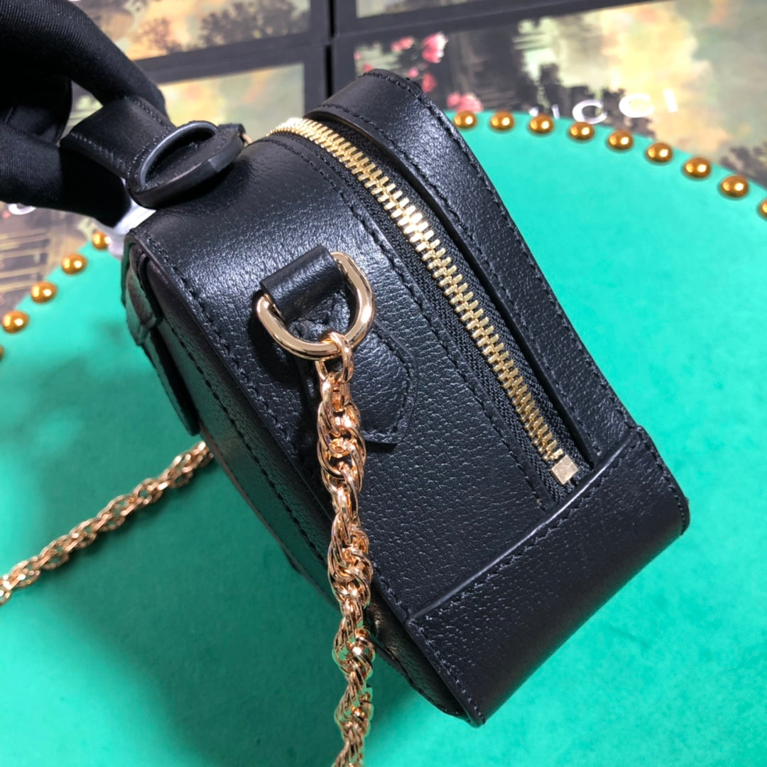 Gucci Vintage Black Leather Crossbody Bag with Red Green Web Stripe