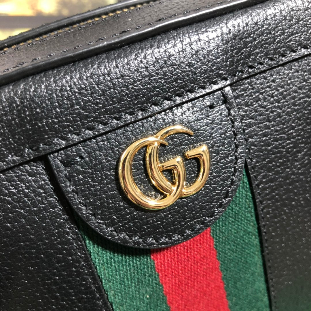 Gucci Vintage Black Leather Crossbody Bag with Red Green Web Stripe