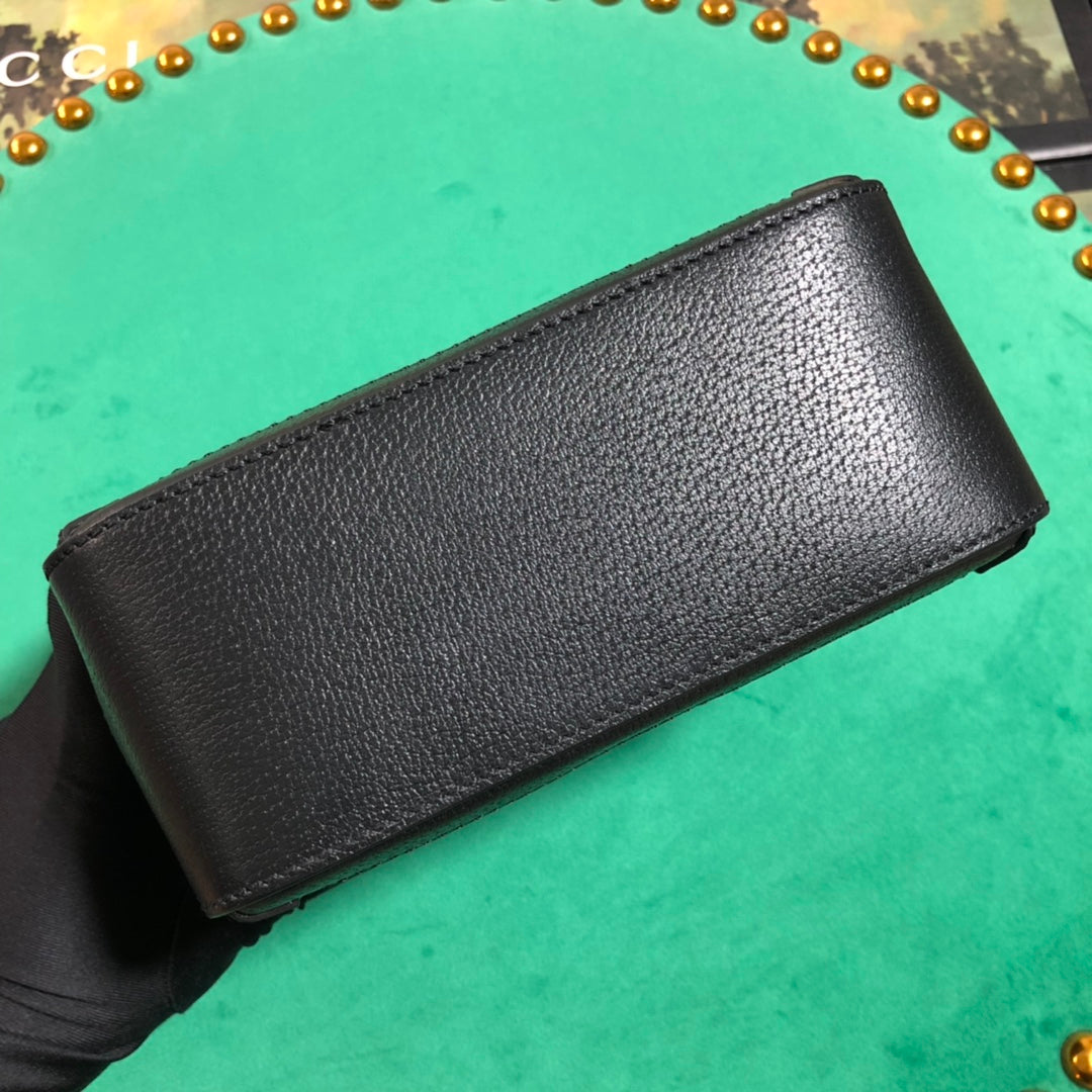Gucci Vintage Black Leather Crossbody Bag with Red Green Web Stripe