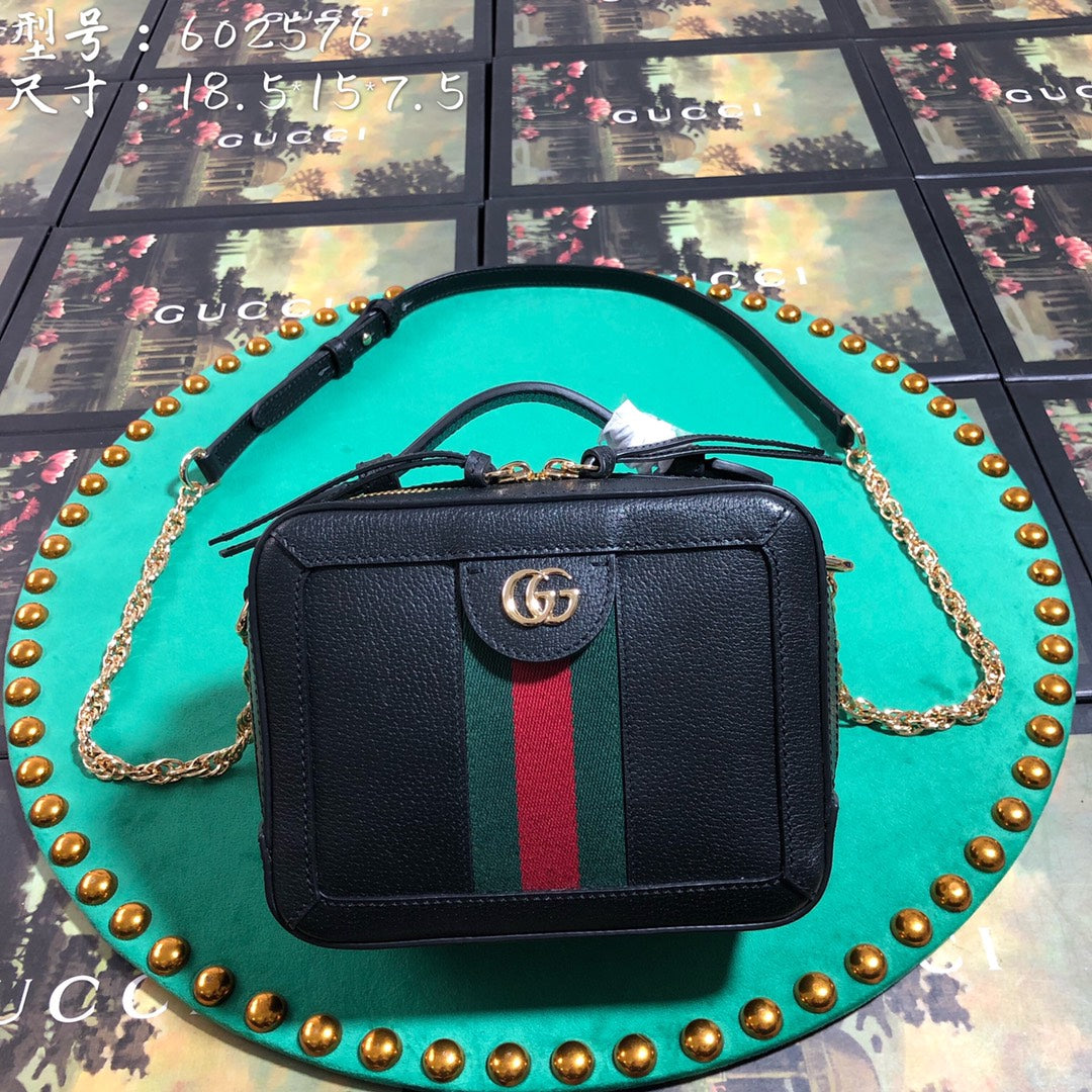 Gucci Vintage Black Leather Crossbody Bag with Red Green Web Stripe