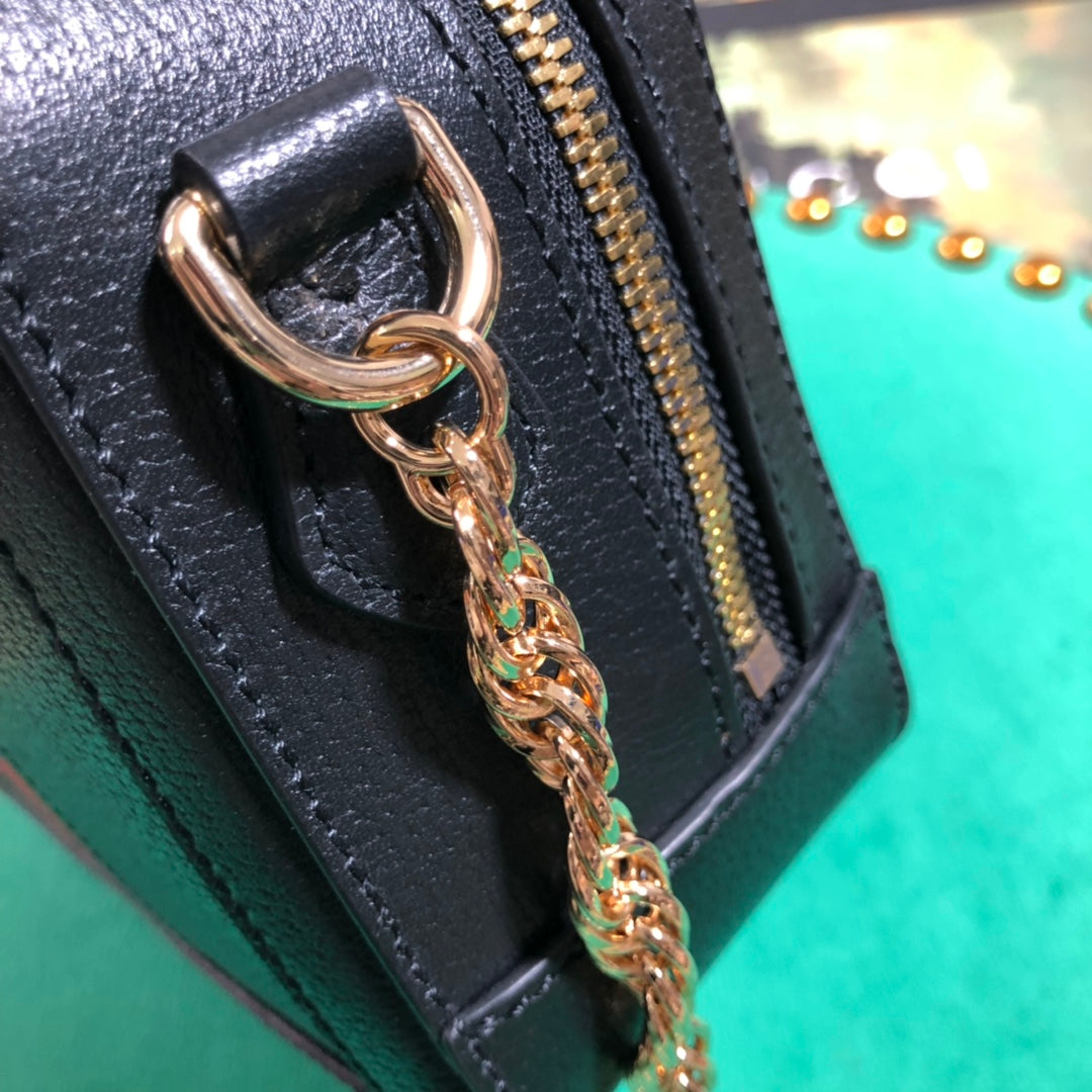 Gucci Vintage Black Leather Crossbody Bag with Red Green Web Stripe