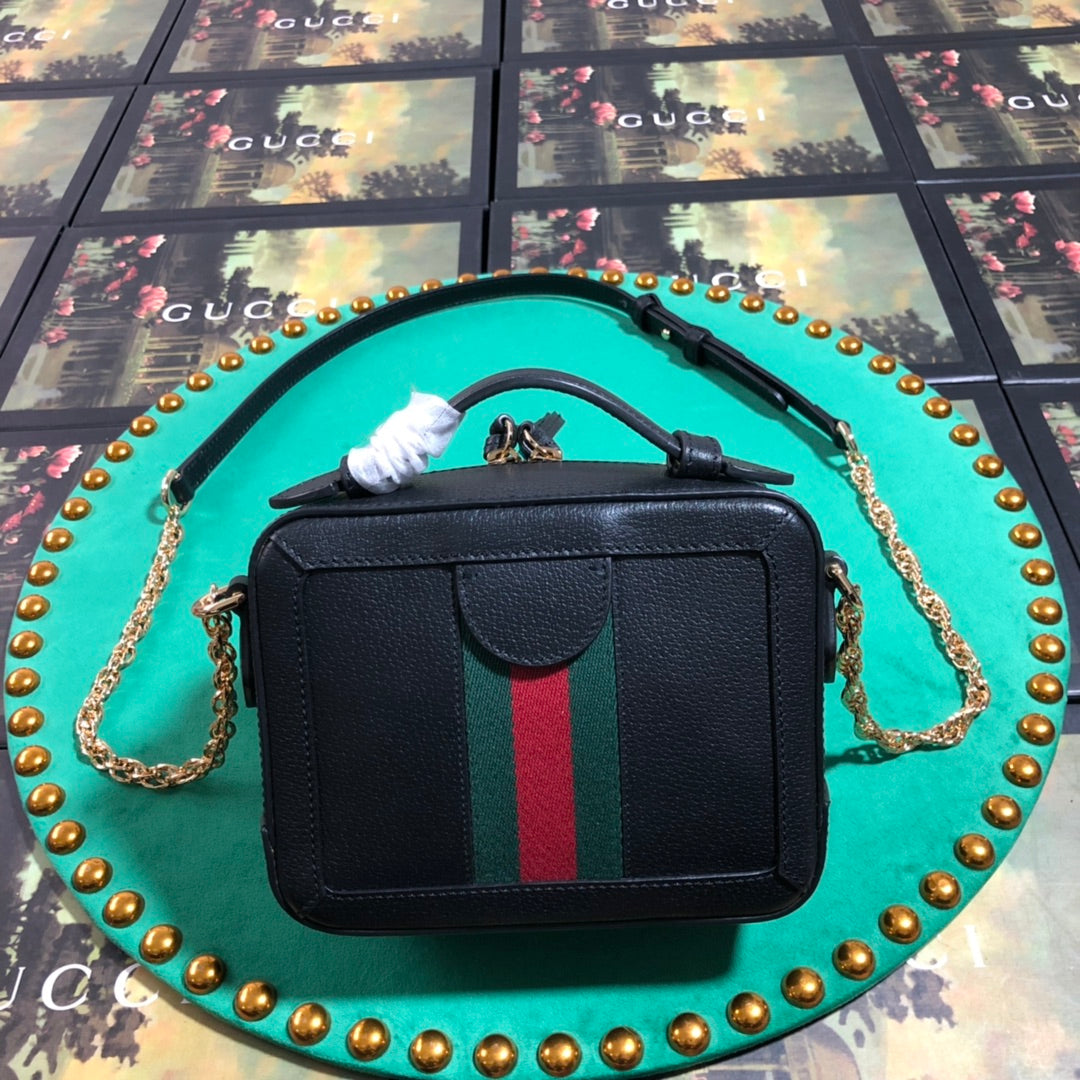 Gucci Vintage Black Leather Crossbody Bag with Red Green Web Stripe