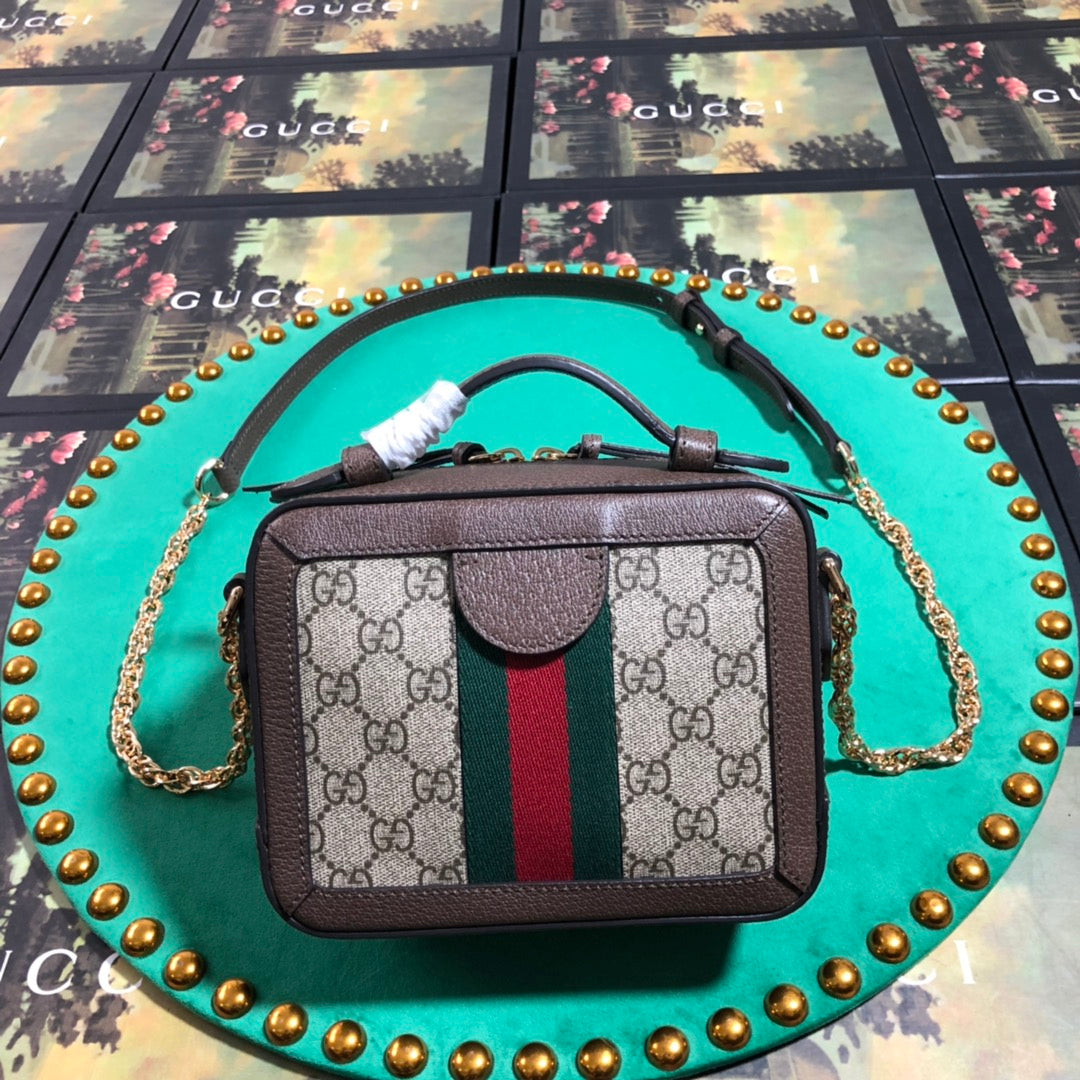 Gucci Vintage Monogram Canvas Box Crossbody Bag with Web Stripe