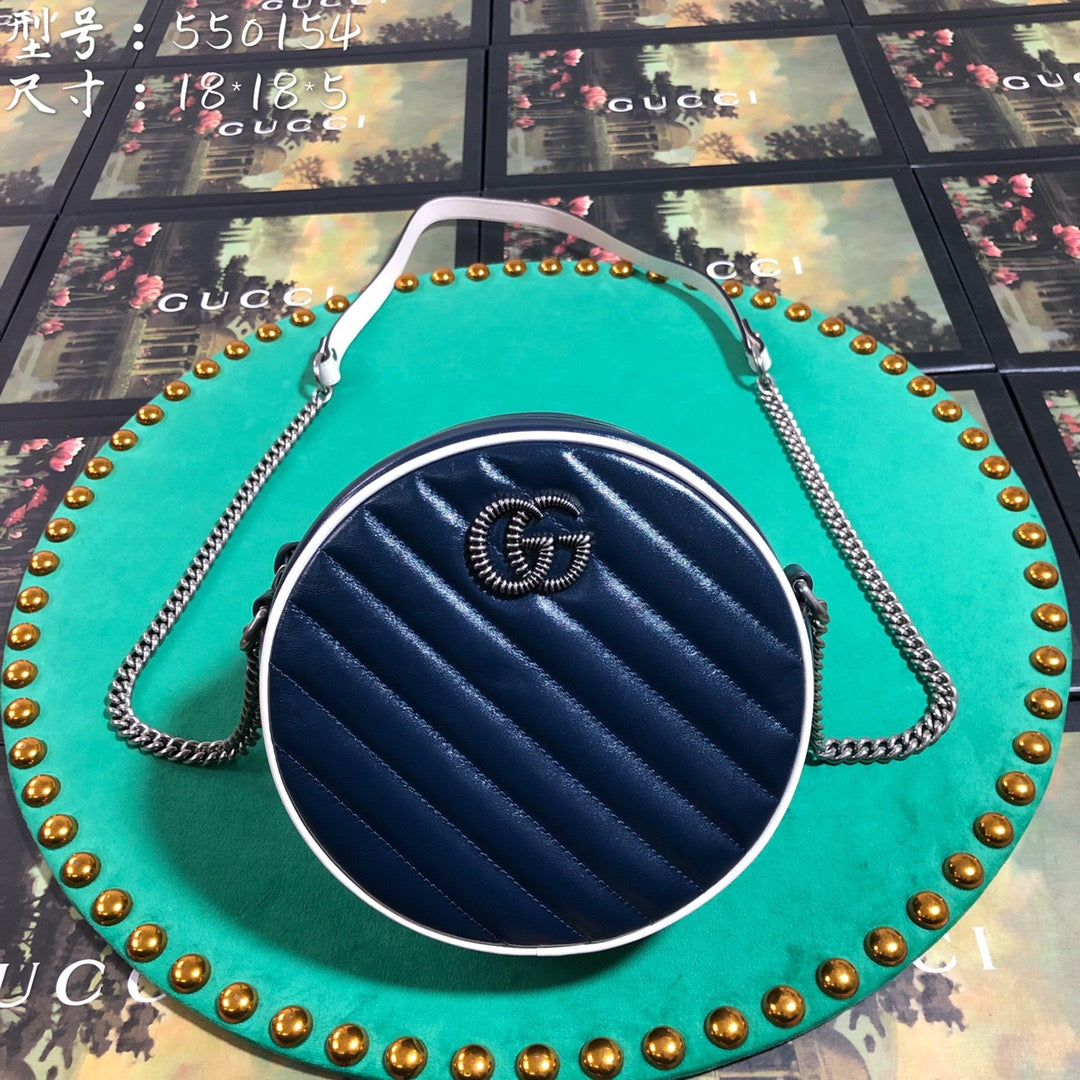 Gucci Navy Blue Quilted Leather Round Crossbody Bag with Silver Chain Strap