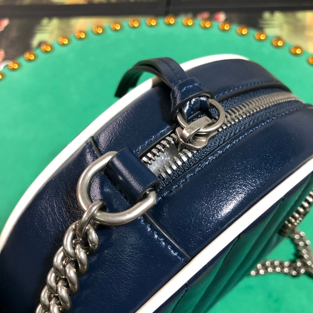 Gucci Navy Blue Quilted Leather Round Crossbody Bag with Silver Chain Strap