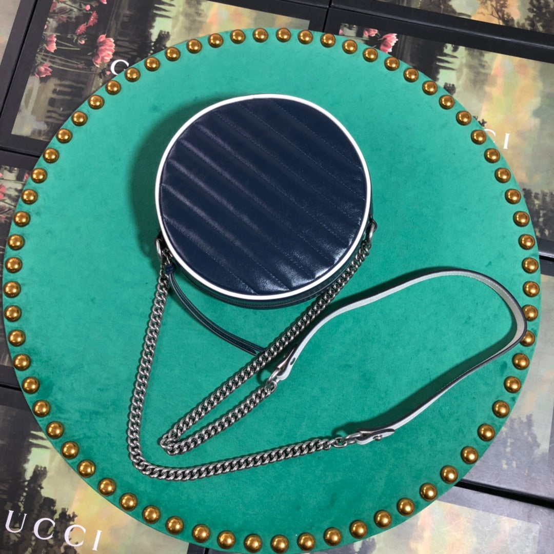Gucci Navy Blue Quilted Leather Round Crossbody Bag with Silver Chain Strap