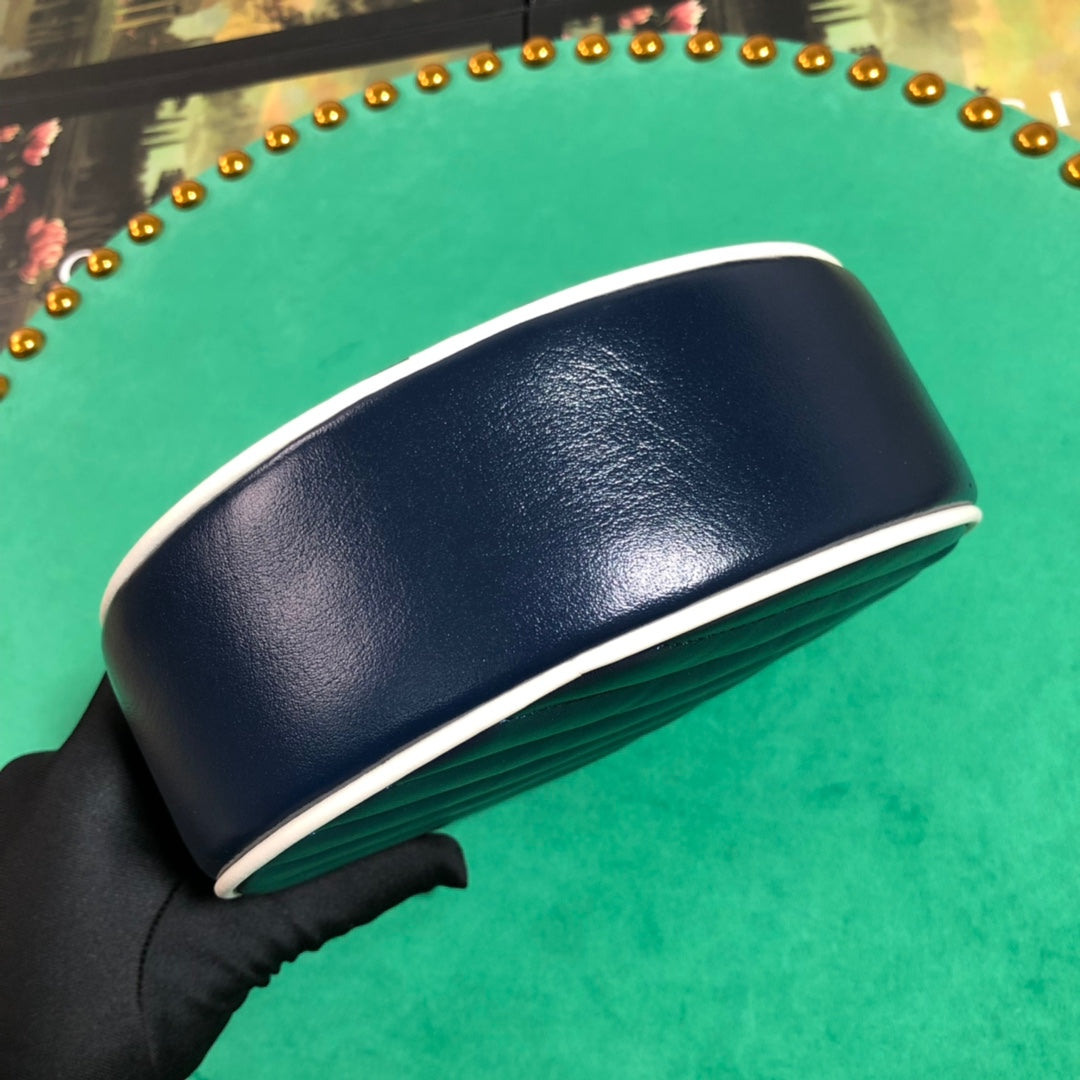 Gucci Navy Blue Quilted Leather Round Crossbody Bag with Silver Chain Strap