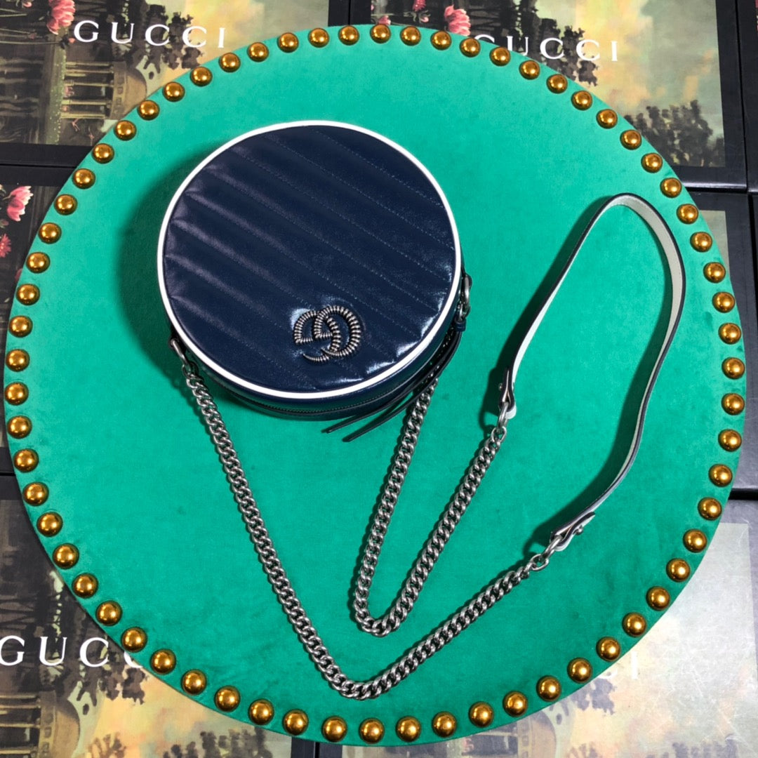 Gucci Navy Blue Quilted Leather Round Crossbody Bag with Silver Chain Strap