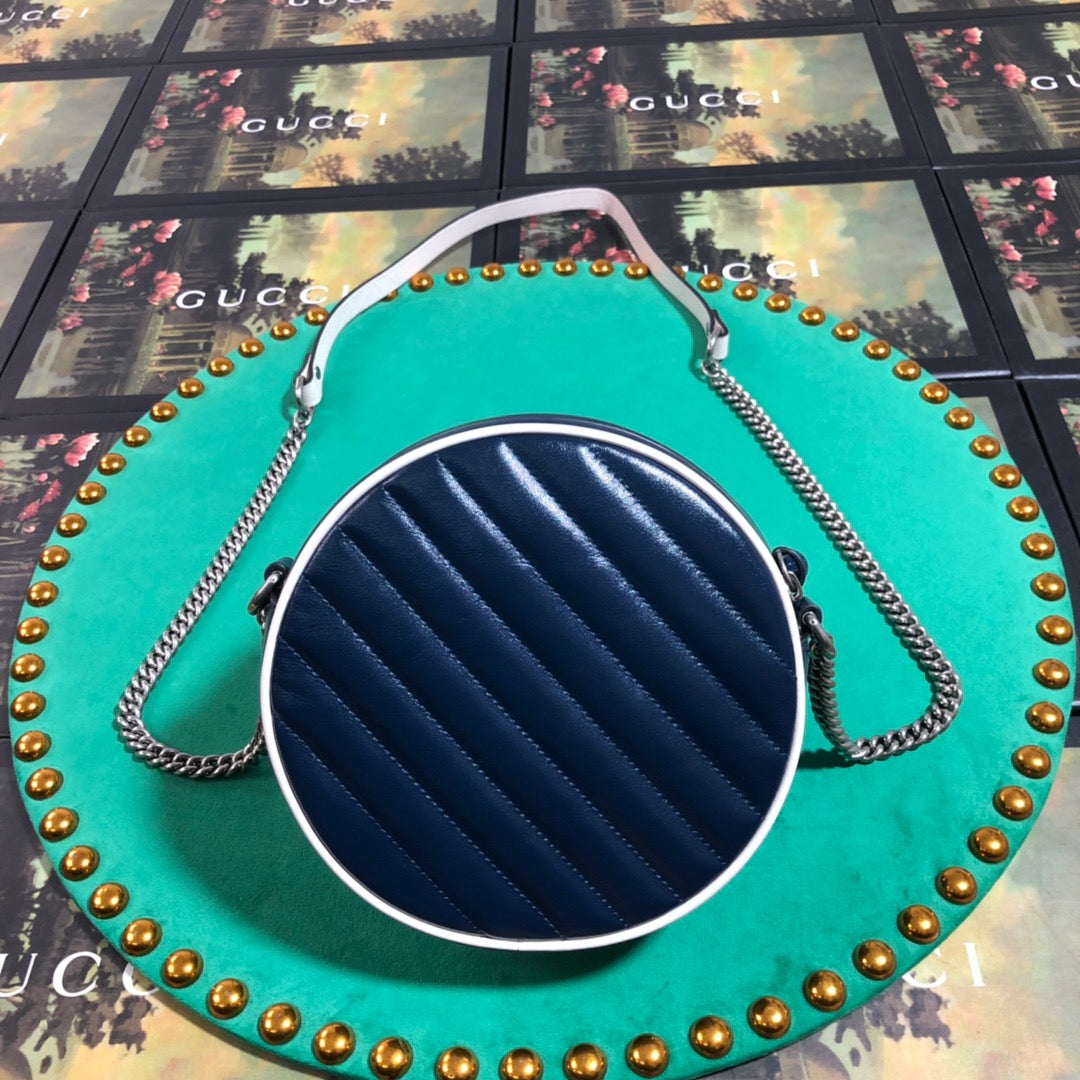 Gucci Navy Blue Quilted Leather Round Crossbody Bag with Silver Chain Strap